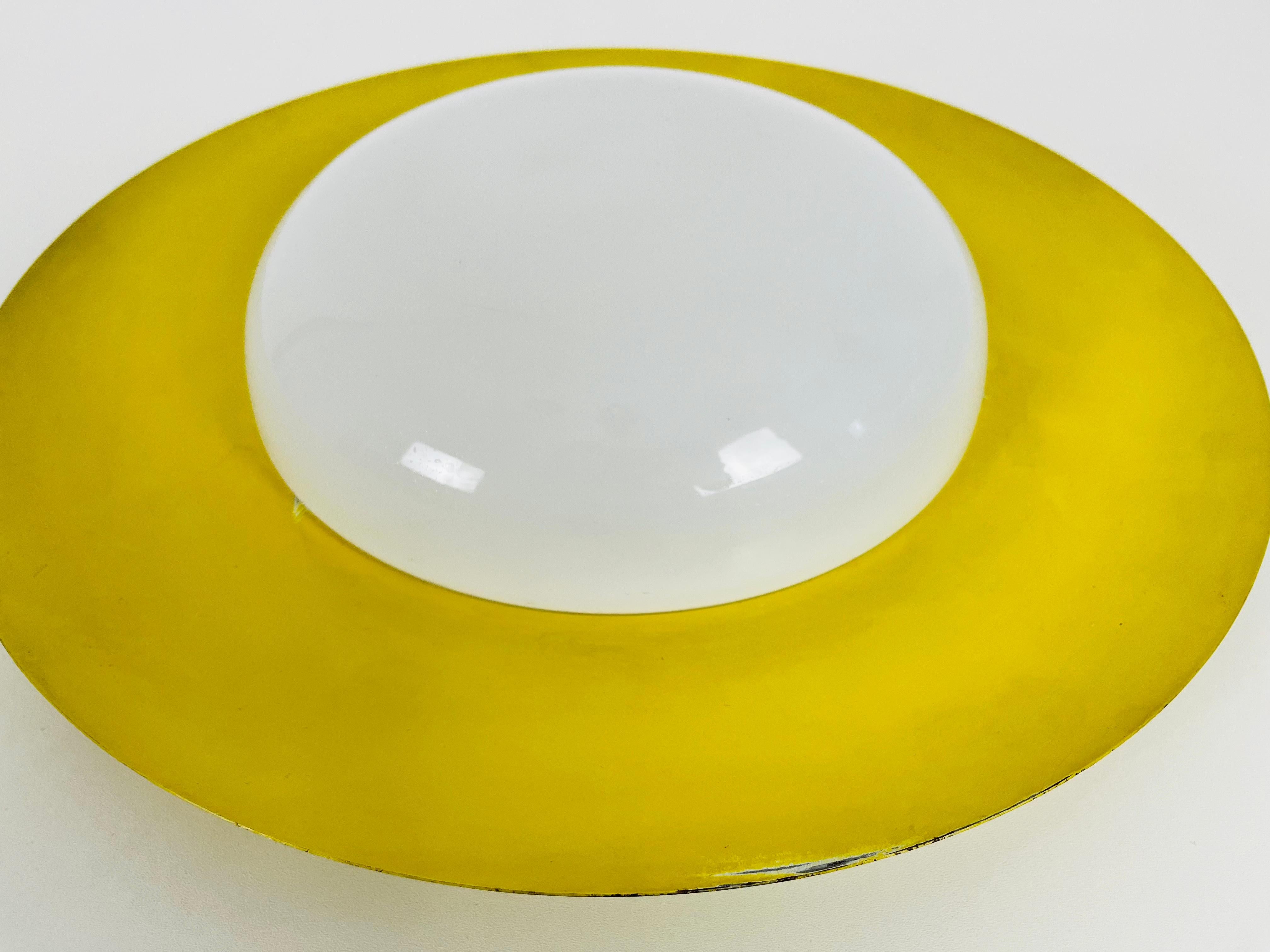 Mid-Century Modern Round Yellow Midcentury Metal and Opaline Glass Flushmount by Kaiser, 1960s For Sale