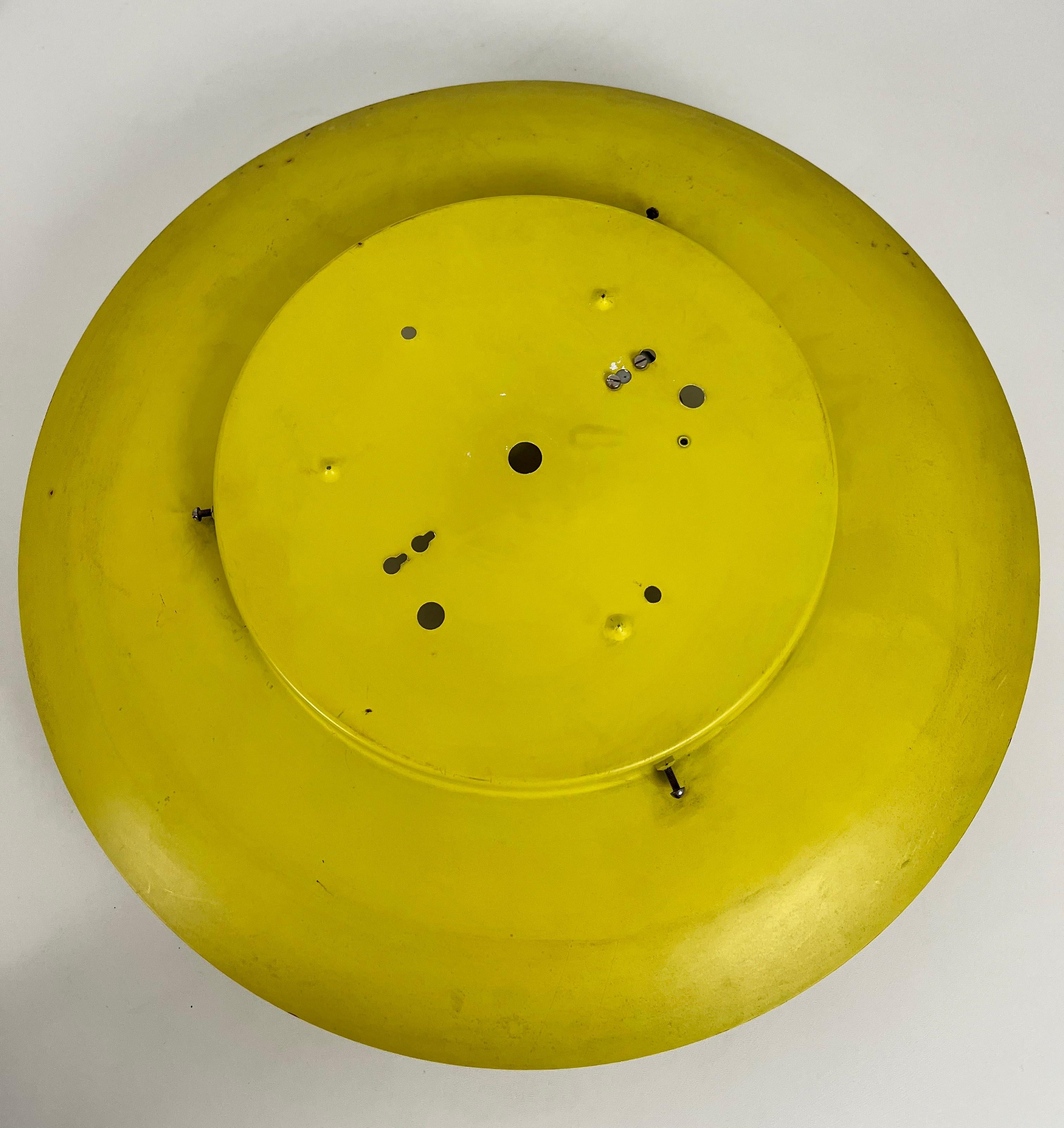 Mid-20th Century Round Yellow Midcentury Metal and Opaline Glass Flushmount by Kaiser, 1960s For Sale