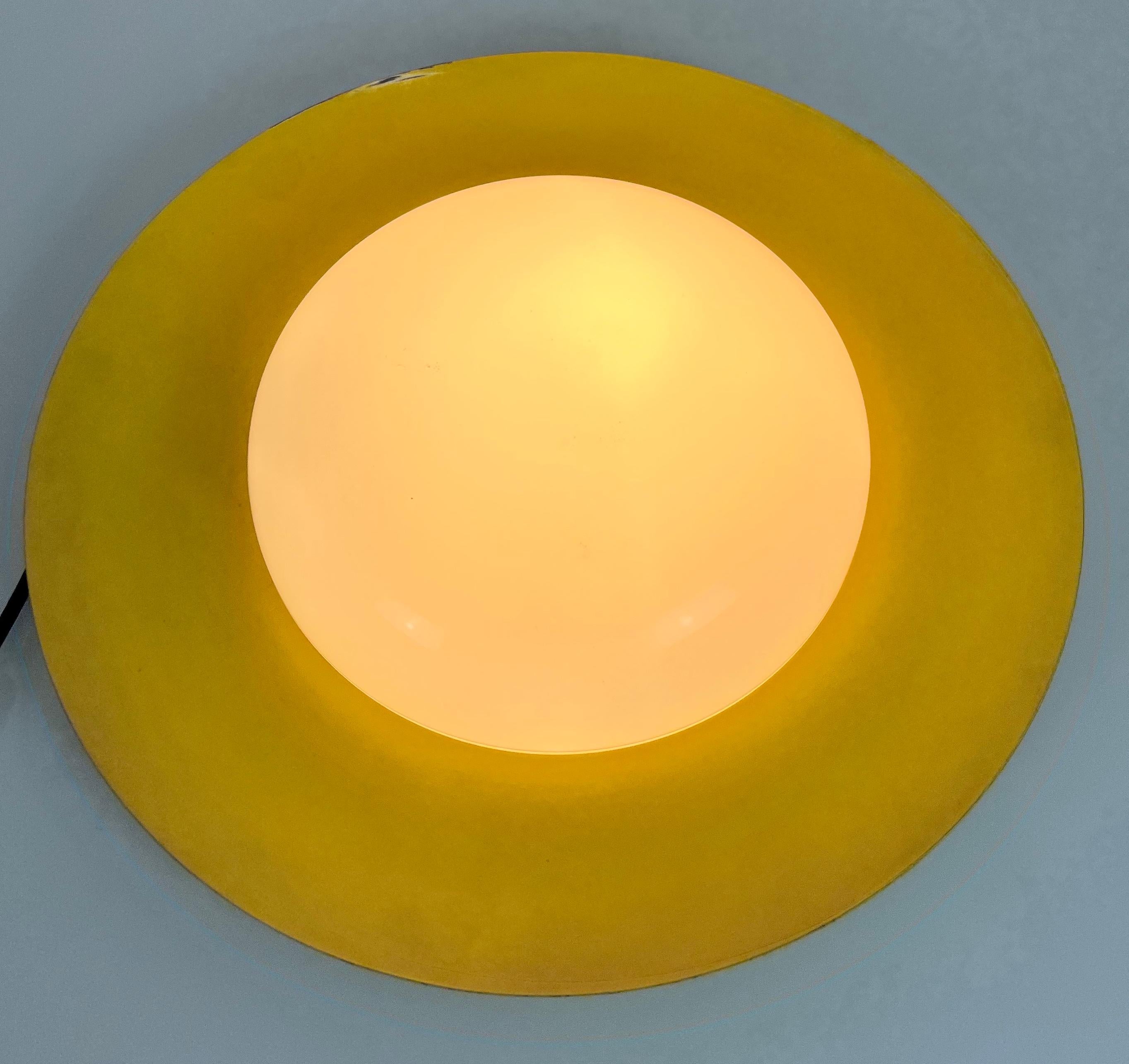Round Yellow Midcentury Metal and Opaline Glass Flushmount by Kaiser, 1960s For Sale 1