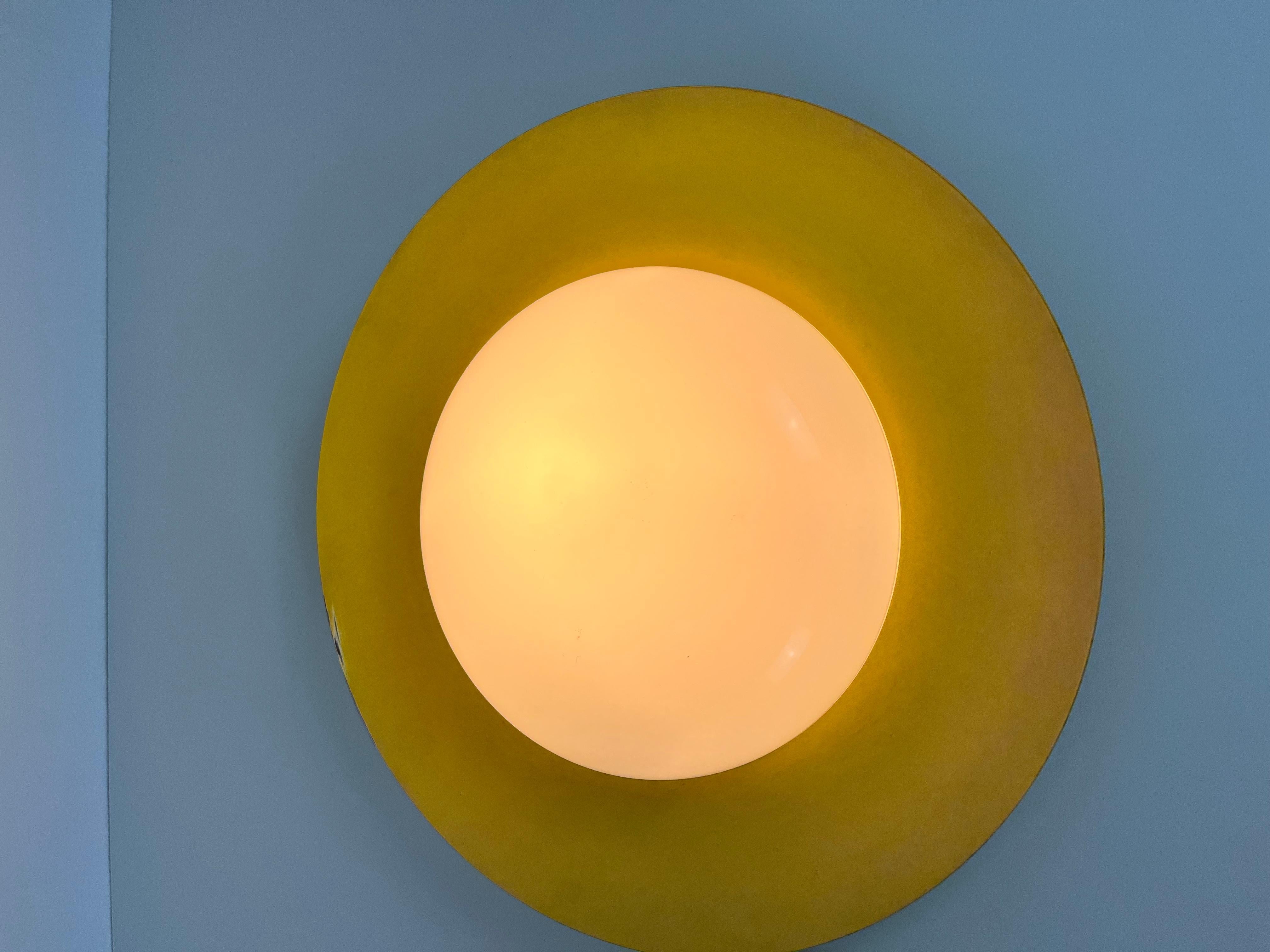 Round Yellow Midcentury Metal and Opaline Glass Flushmount by Kaiser, 1960s For Sale 2