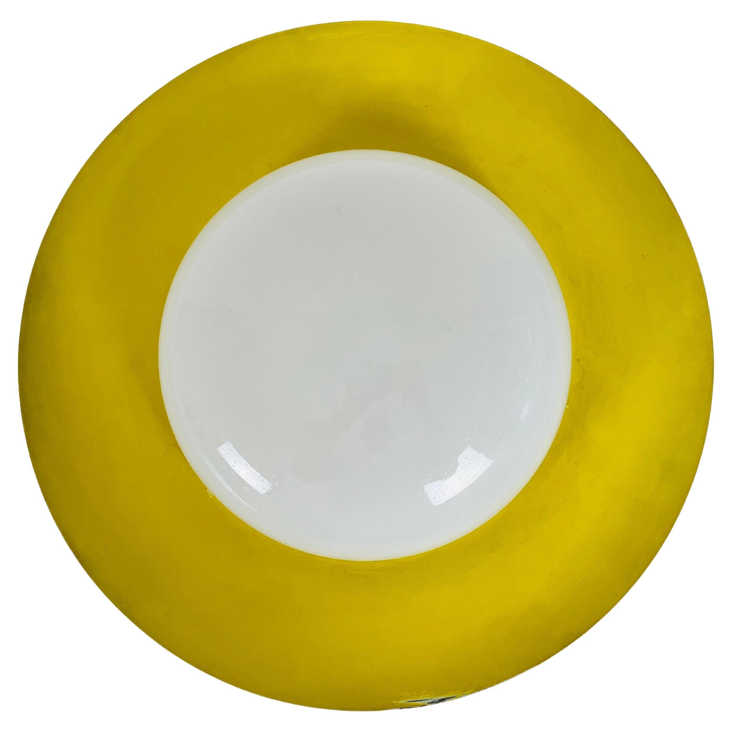 Round Yellow Midcentury Metal and Opaline Glass Flushmount by Kaiser, 1960s For Sale