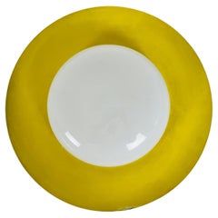 Vintage Round Yellow Midcentury Metal and Opaline Glass Flushmount by Kaiser, 1960s
