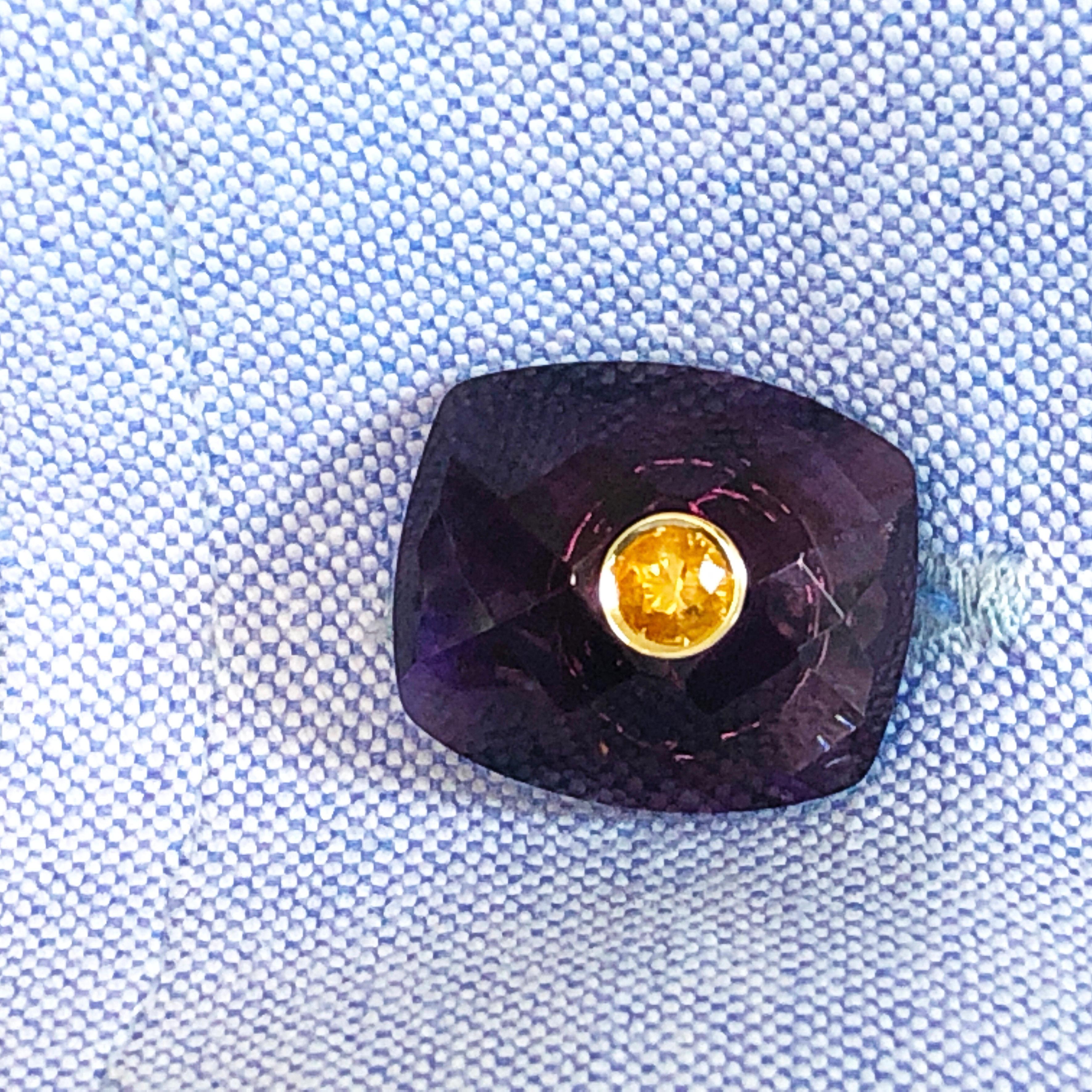 Yellow Sapphire Hand Inlaid Faceted Amethyst Setting Yellow Gold Cufflinks 7