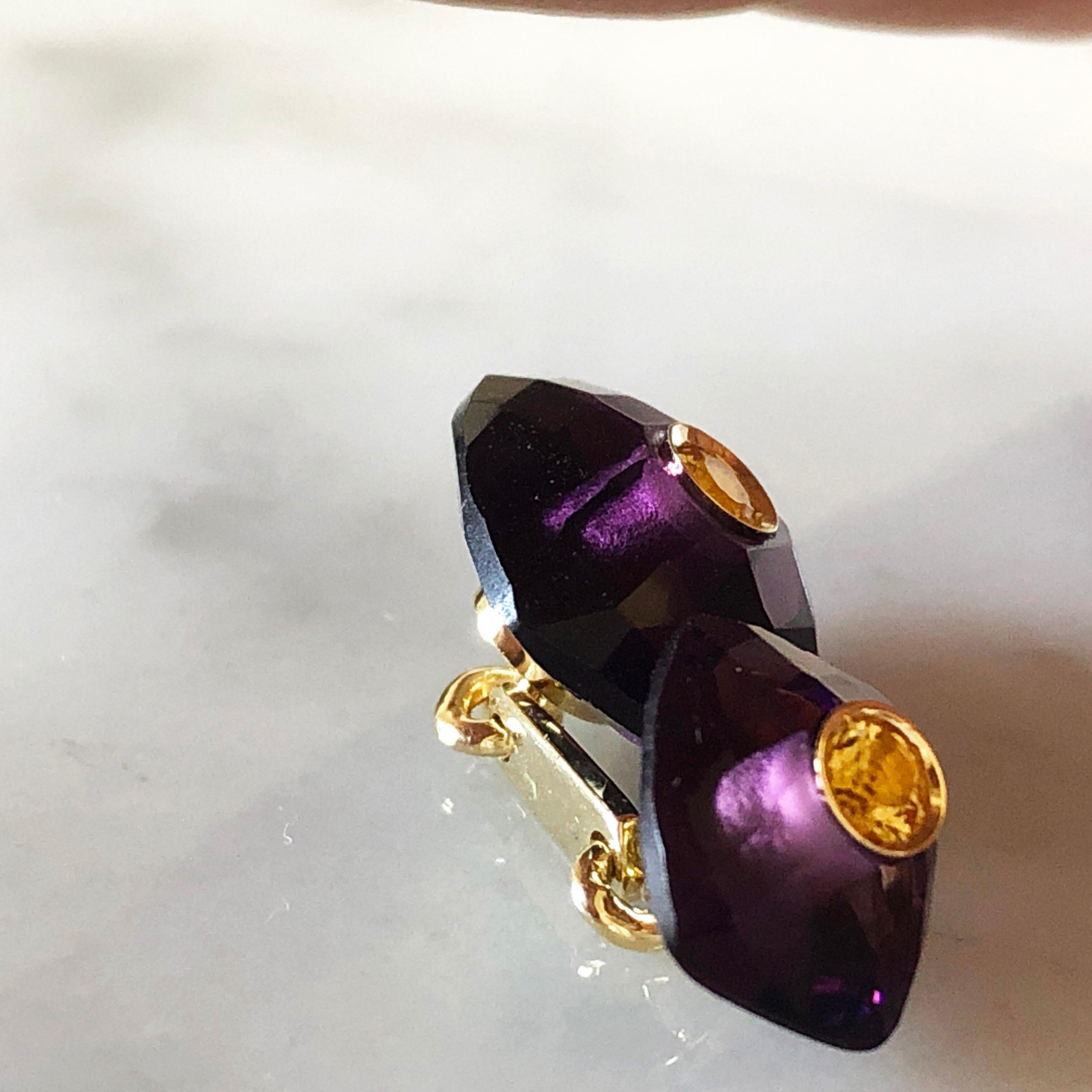 Yellow Sapphire Hand Inlaid Faceted Amethyst Setting Yellow Gold Cufflinks 9