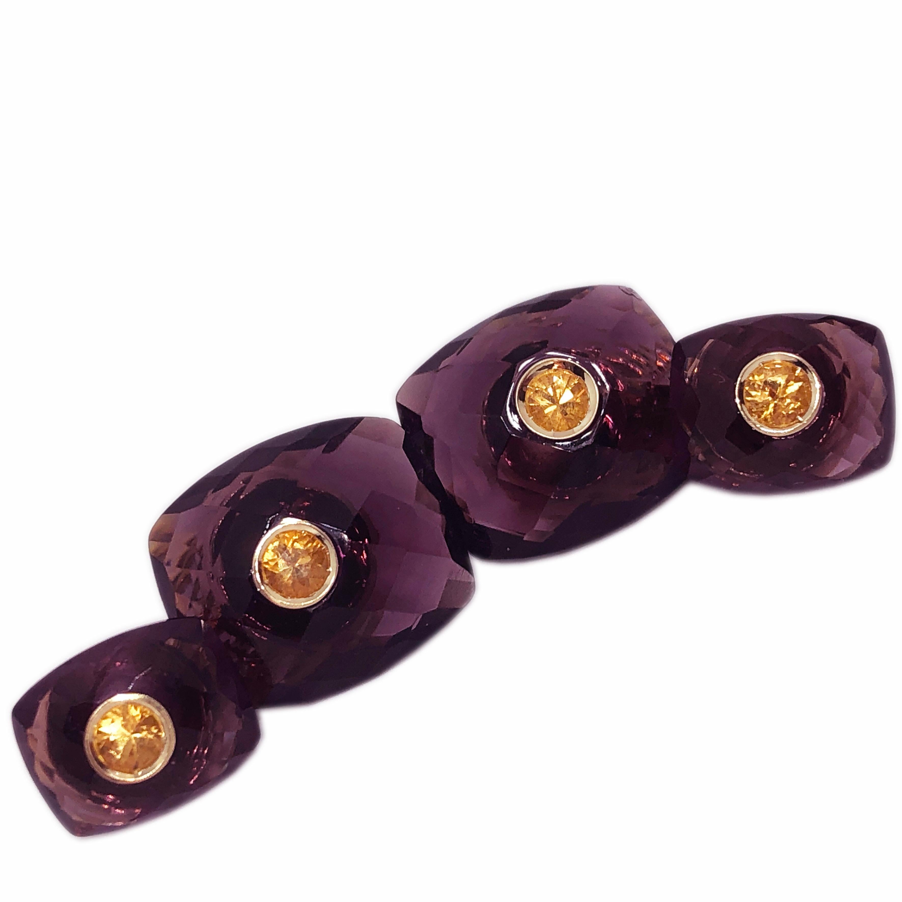 Contemporary Yellow Sapphire Hand Inlaid Faceted Amethyst Setting Yellow Gold Cufflinks