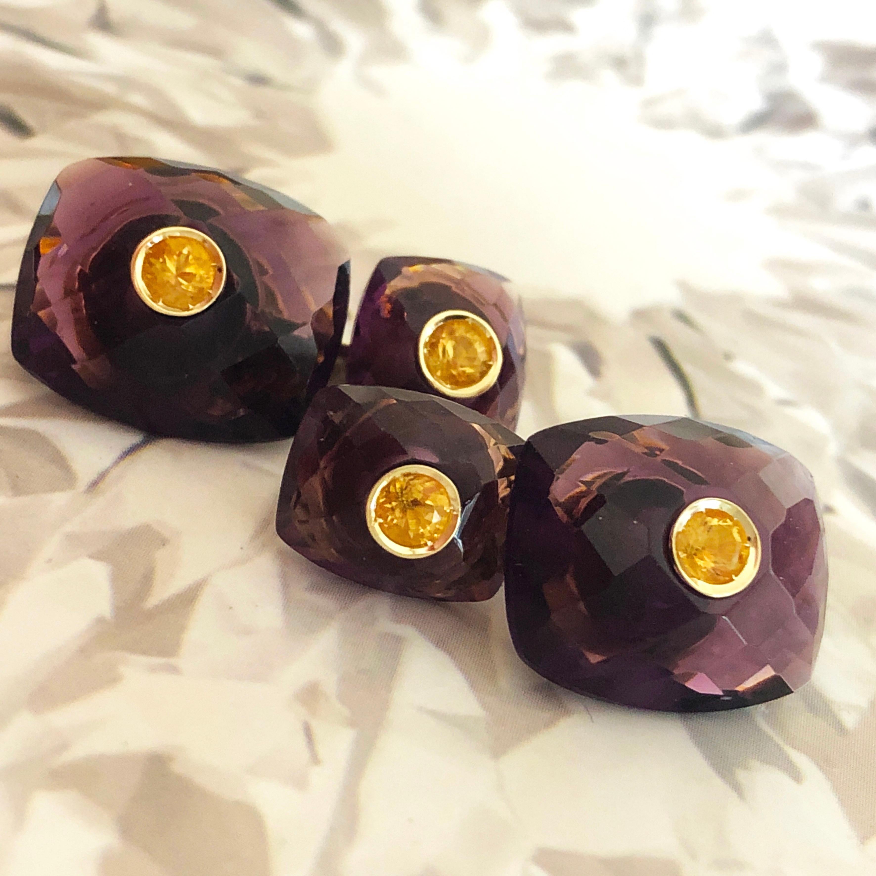 Yellow Sapphire Hand Inlaid Faceted Amethyst Setting Yellow Gold Cufflinks 3