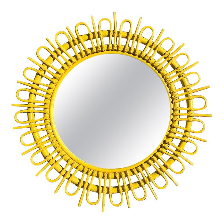 Round Yellow Sunburst Rattan Bamboo Mirror in the style of Rosenthal Netter 1970