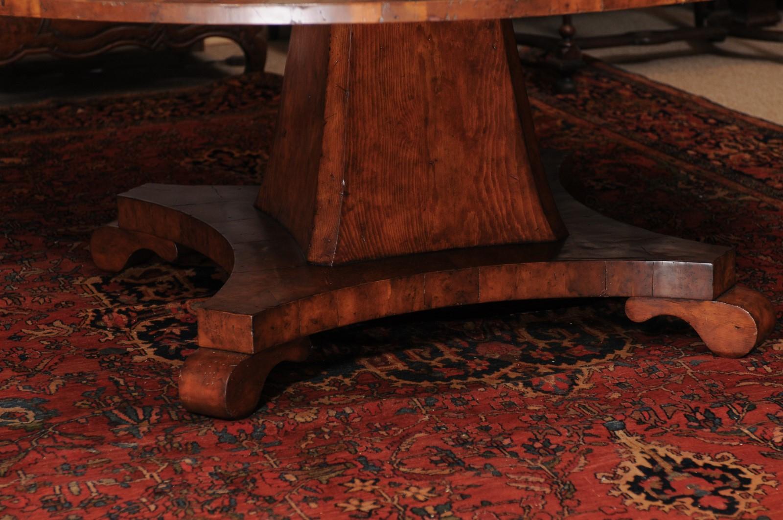 Round Yew Wood Veneered Pedestal Base Dining Table In Good Condition In Atlanta, GA