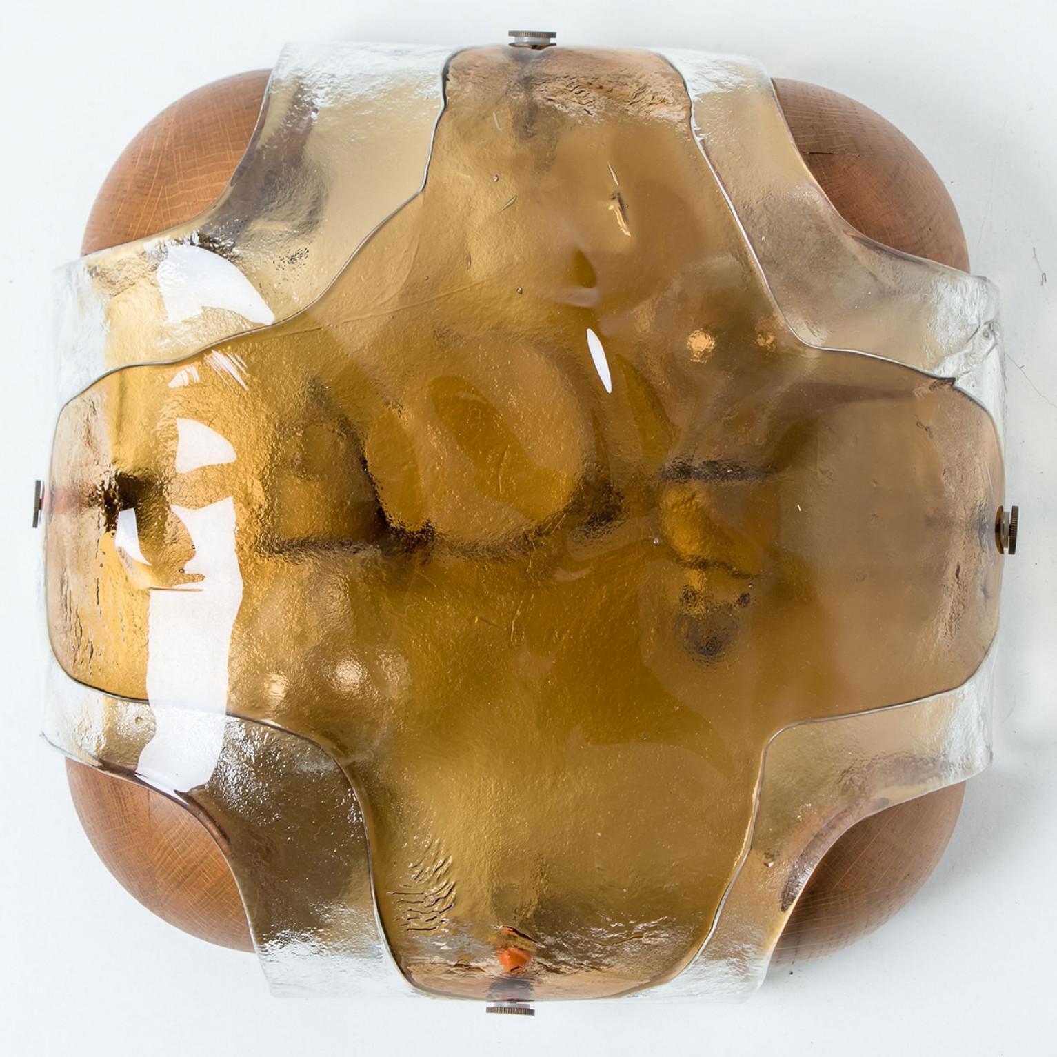 Mid-Century moderno Rounded Angle Wood Smoked Layered Glass Flush Mount by Kaiser, 1960s in vendita