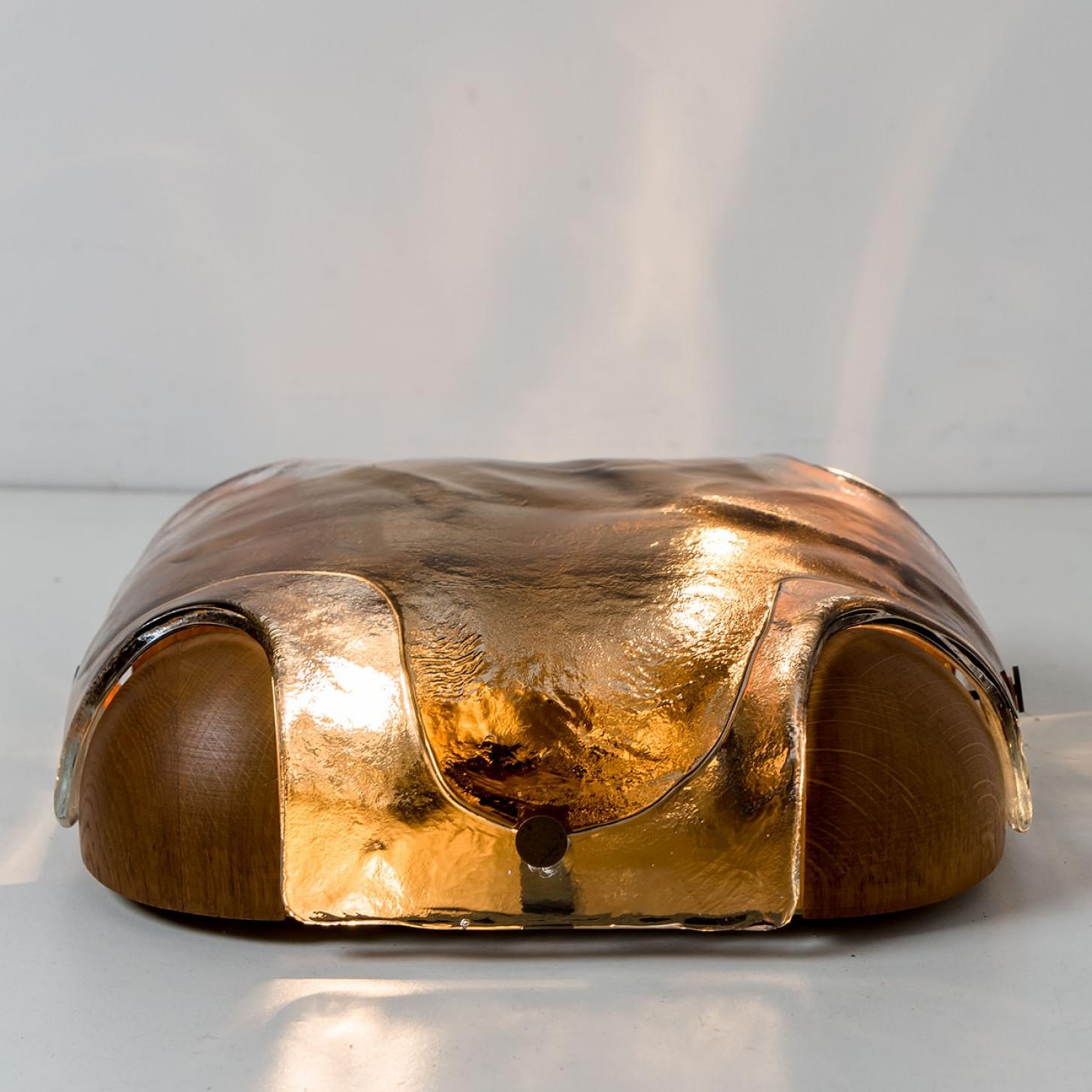 Rounded Angle Wood Smoked Layered Glass Flush Mount by Kaiser, 1960s in vendita 1