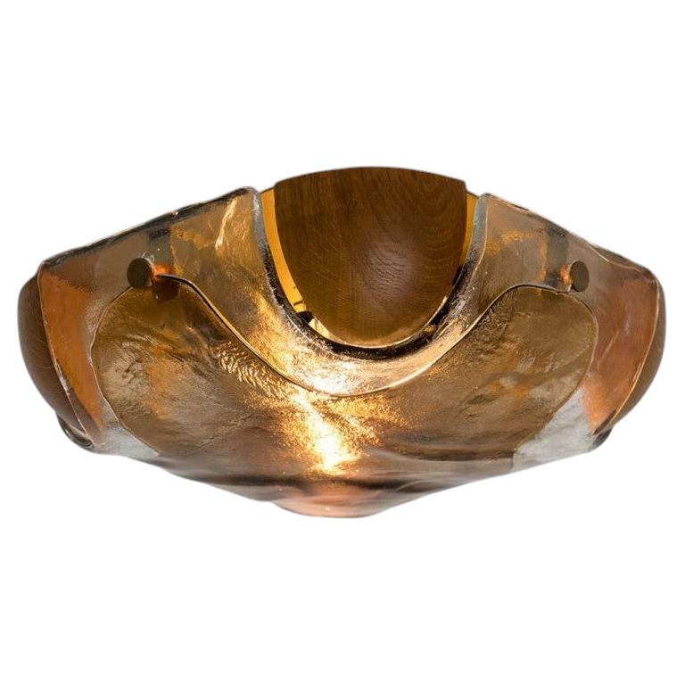 Rounded Angle Wood Smoked Layered Glass Flush Mount by Kaiser, 1960s For Sale