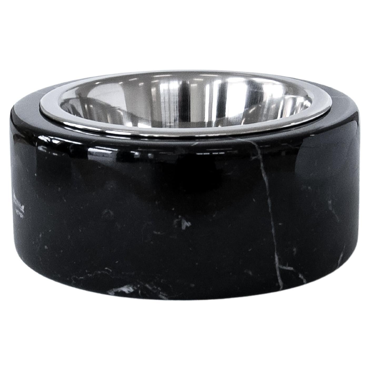 Handmade Rounded Black Marquina Marble Cats or Dogs Bowl with Removable Steel For Sale