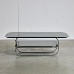 Rounded Chrome-Framed Low Coffee Table with Two Smoked Glass Tops, 1970s