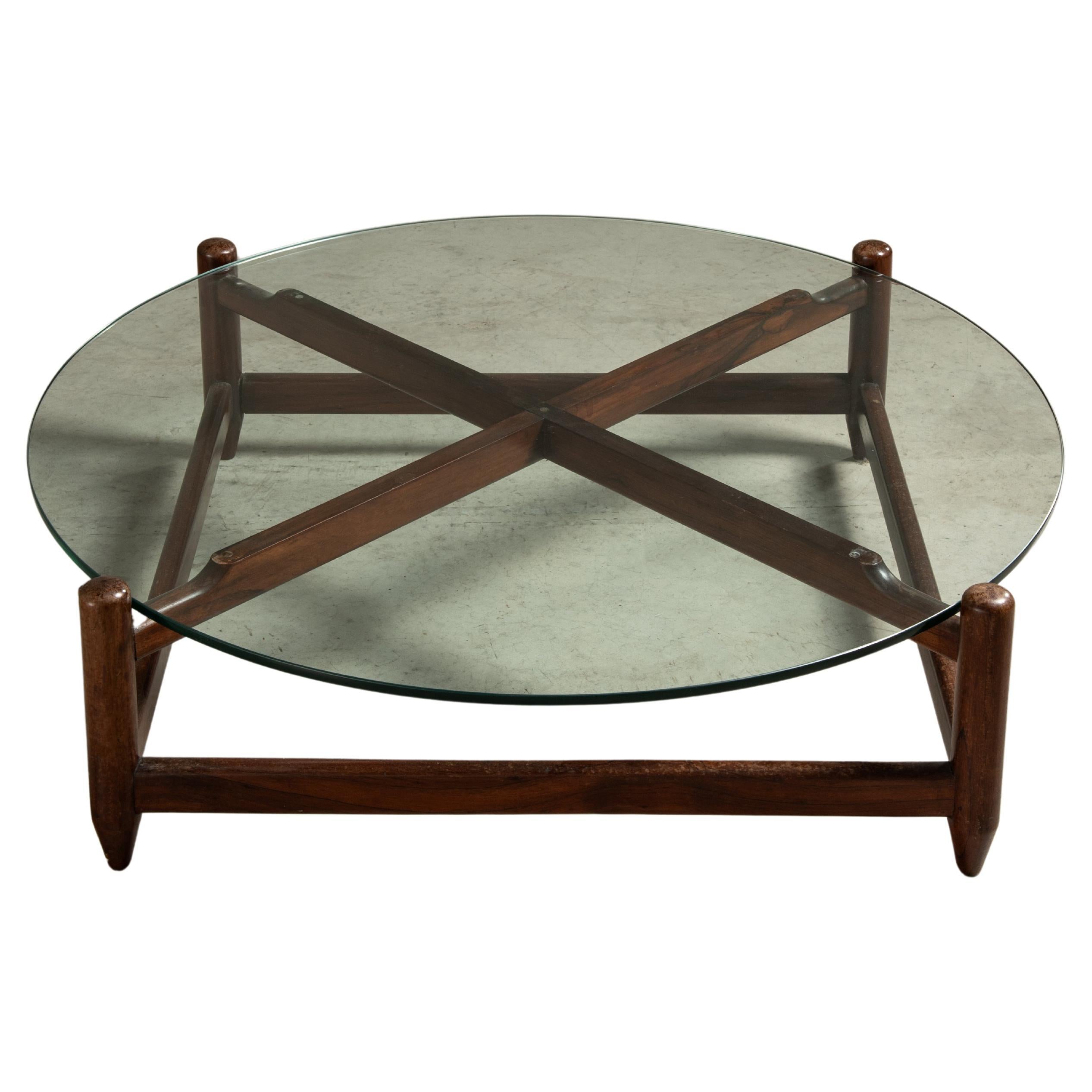 Rounded Coffee Table in Solid Hardwood and Glass, Brazilian Mid-Century Modern For Sale