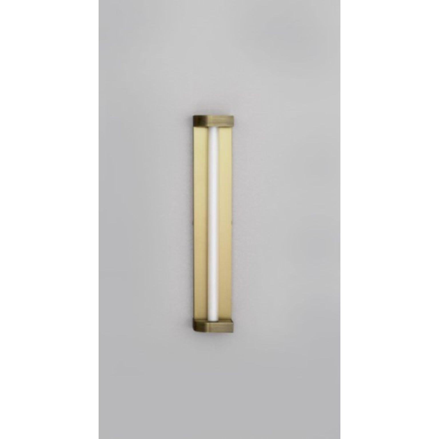 Rounded Corner wall light by Square in Circle
Dimensions: D5 x W7 x H40 cm
Materials:Brushed brass/ medium bronze/ opaque perspex
Other finishes available.

A tall, rectangular bathroom wall light with curved returns at top and bottom and an