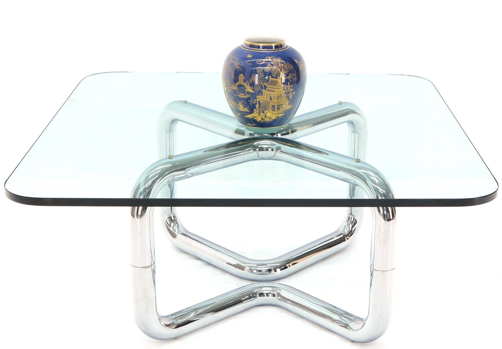 Rounded Corners Square Coffee Table on Thick Bent Tube Chrome Base For Sale 2