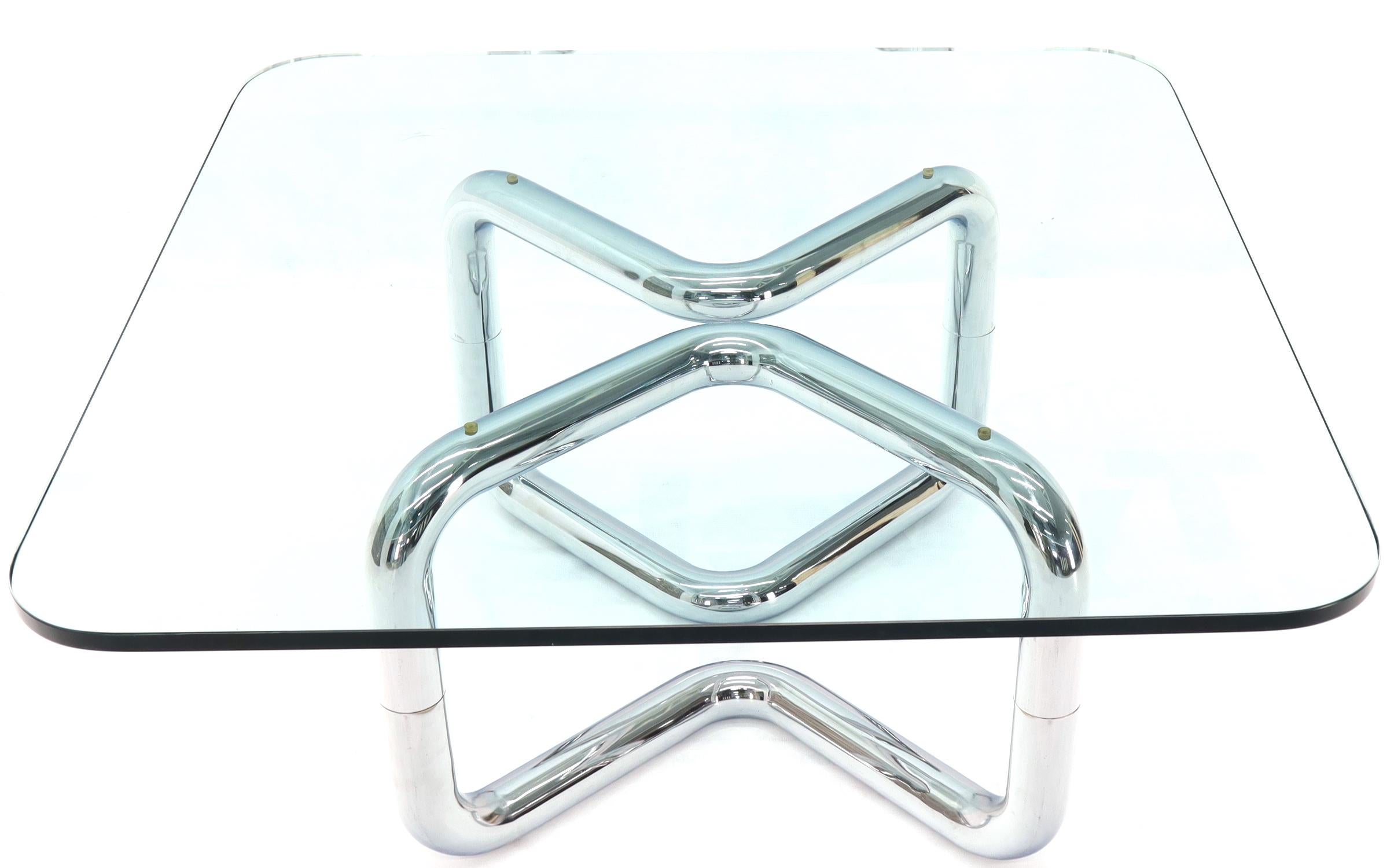 Polished Rounded Corners Square Coffee Table on Thick Bent Tube Chrome Base For Sale
