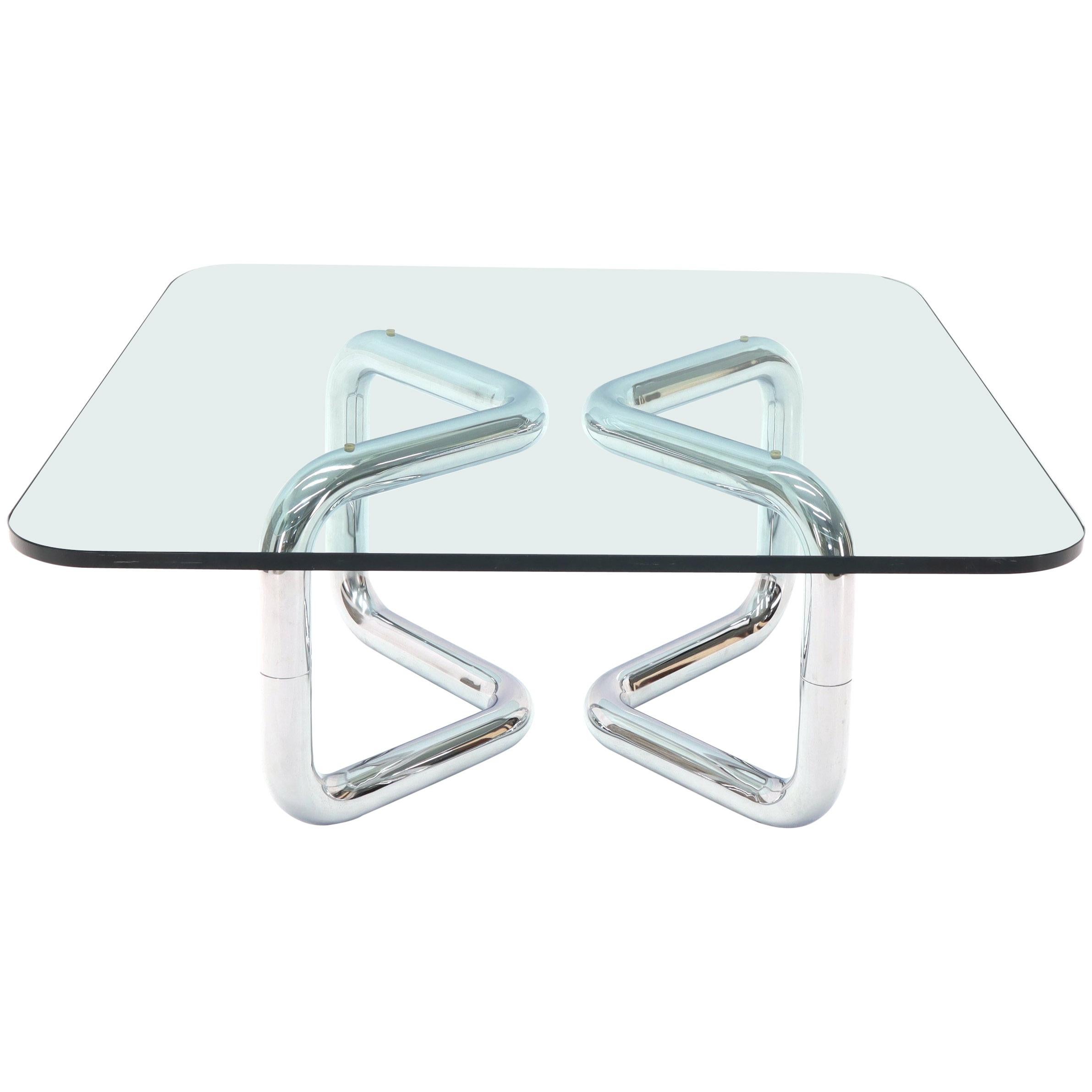 Rounded Corners Square Coffee Table on Thick Bent Tube Chrome Base