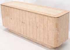 Rounded Corners Tessellated Stone Brass Inlay 4 Doors Credenza Cabinet