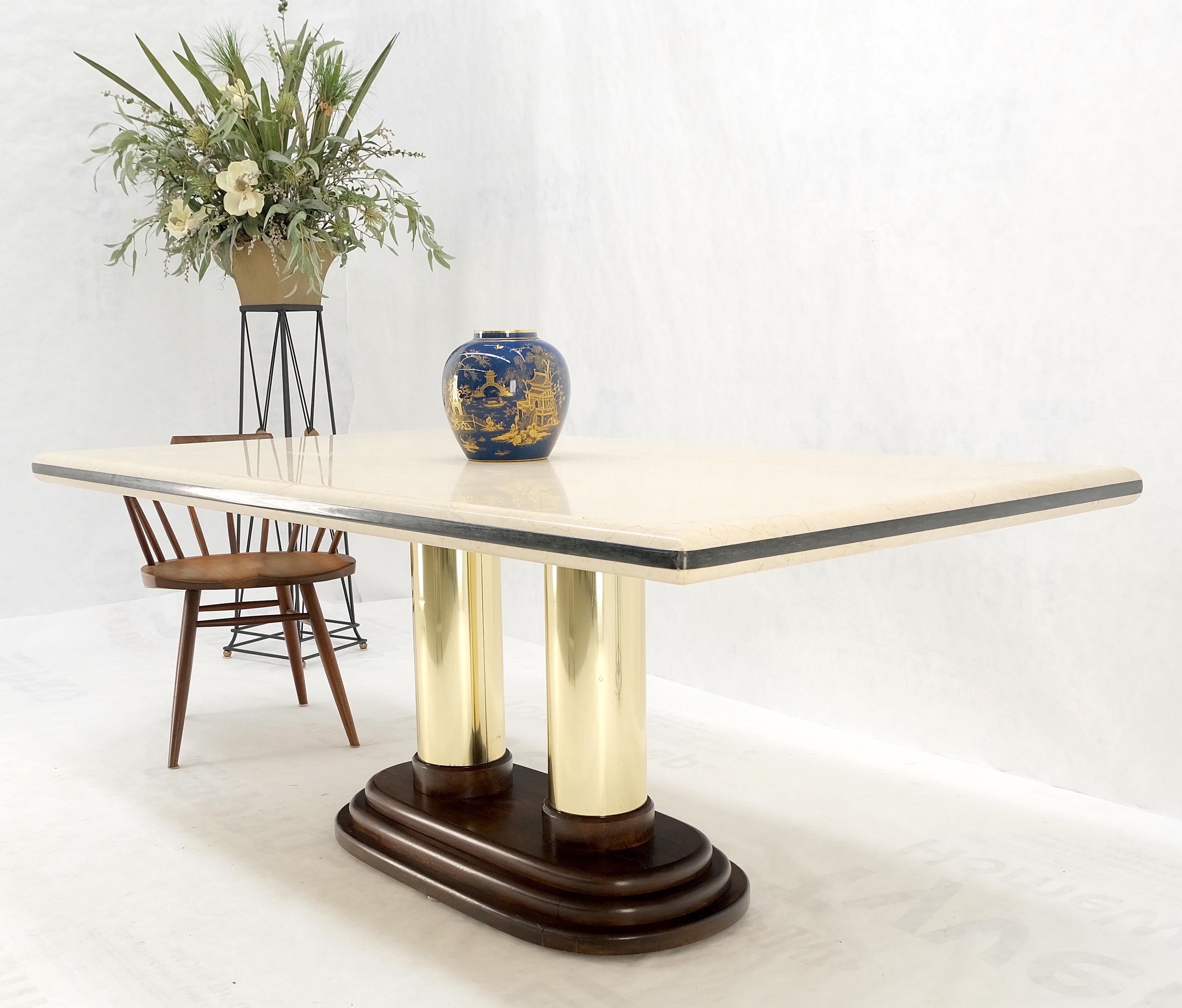Rounded edge two tone marble top single brass pedestal base dining conference table mint!