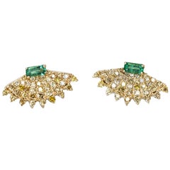 Rounded Fan Earrings with Yellow Diamonds and Emeralds