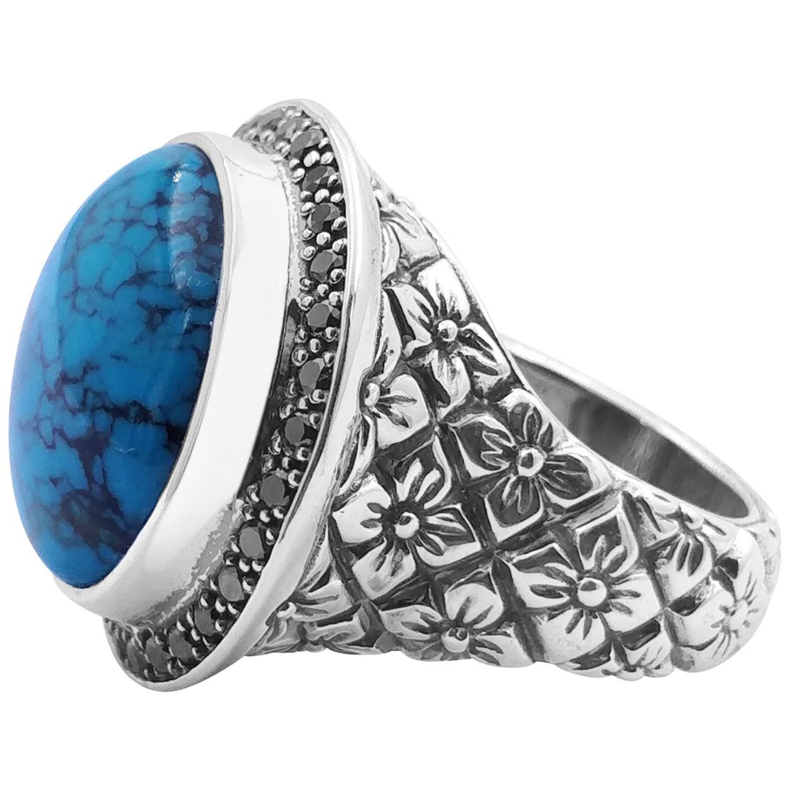 Step into the enchanting world of Steven's Jewelry with the Rounded Gold Obsidian Cabochon Ring and Tibetan Turquoise Black Diamond Ring from the Garden of Stephen Collection. Crafted with meticulous attention to detail in 925 sterling silver, these