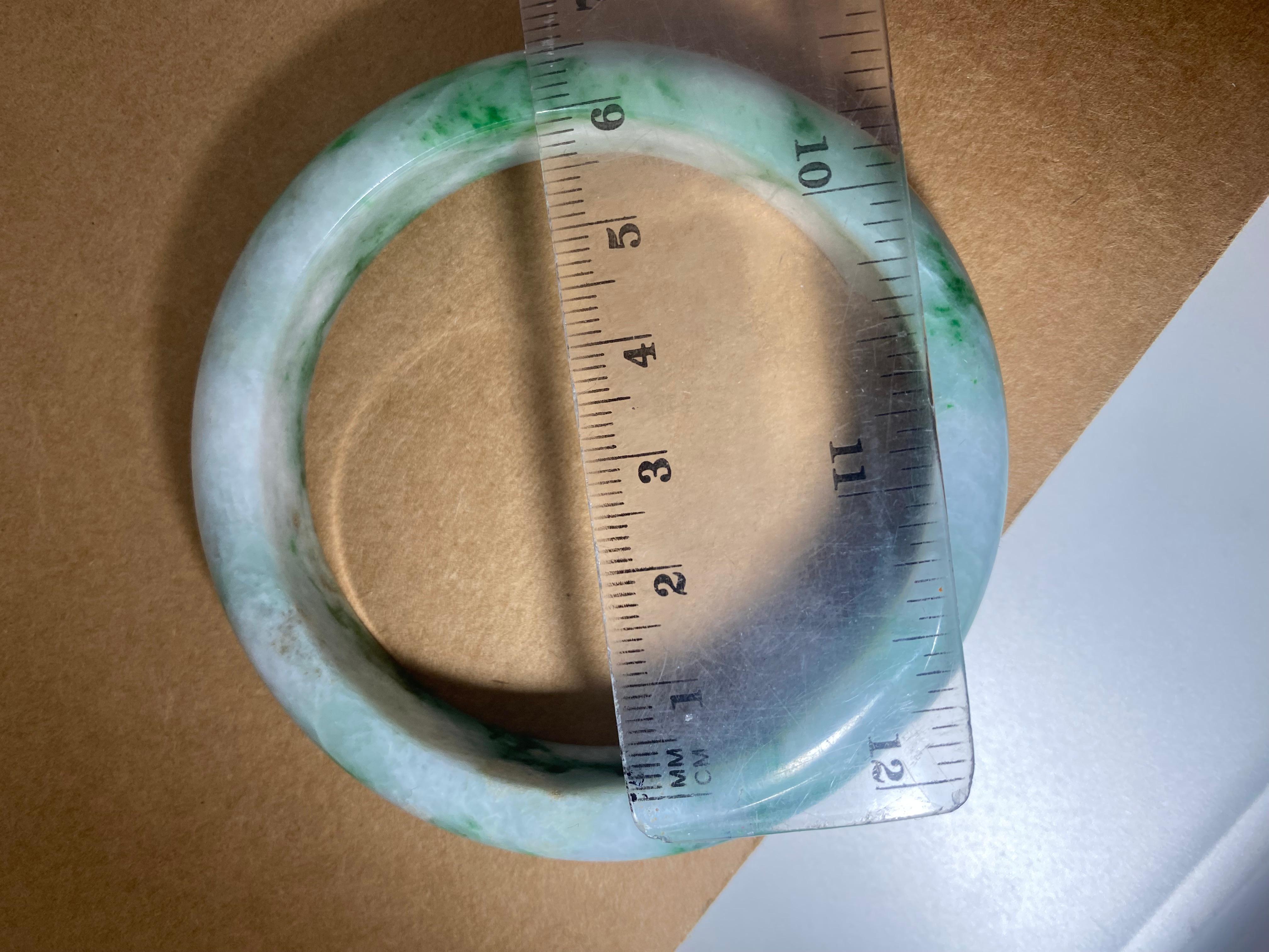 Rounded Green & White Jade Bangle, 65.3gr. 15mm wide, 21cm circumference. For Sale 1