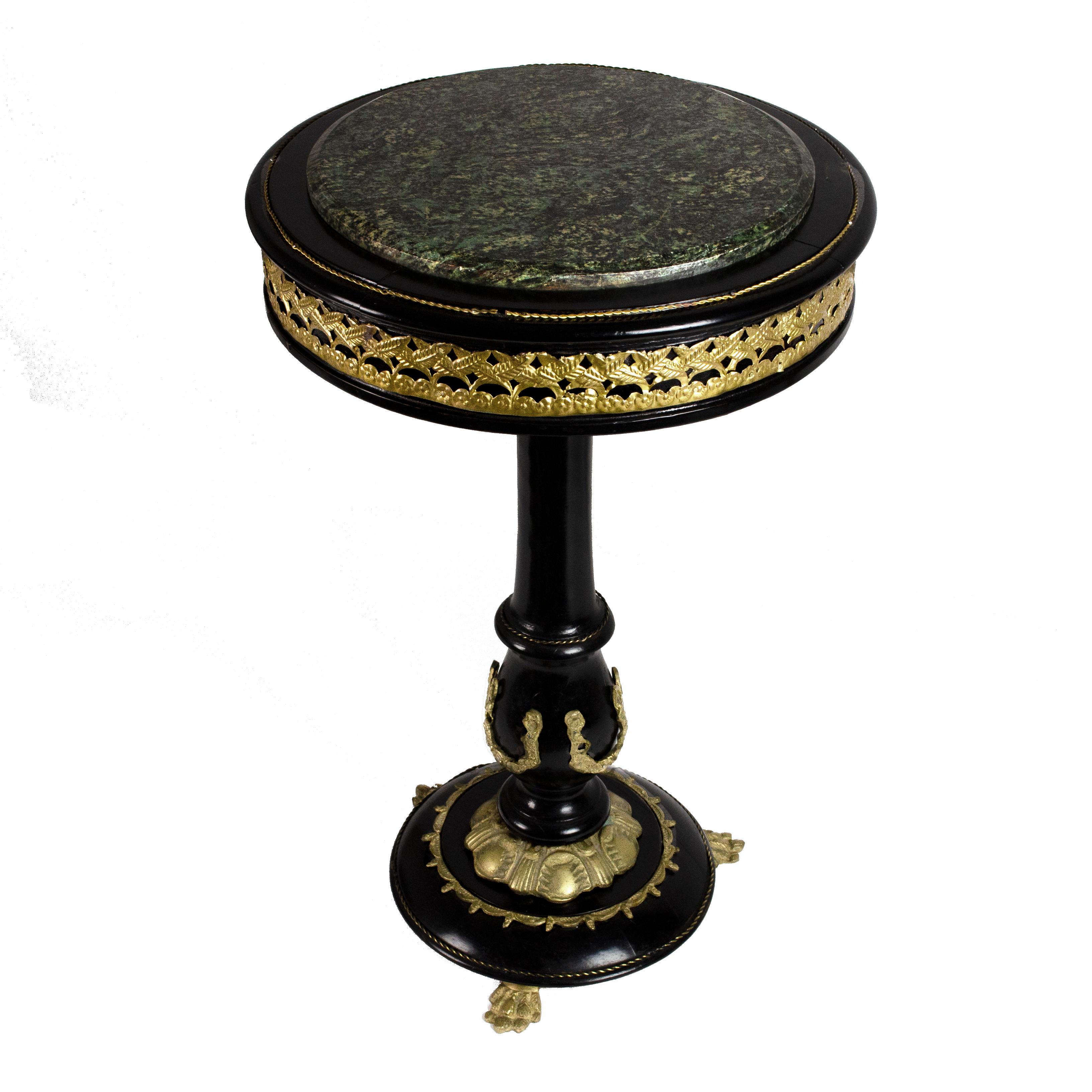 Brass Rounded Gueridon Black Wood and Golden Bronzes Friezes Tables, France, 1950s