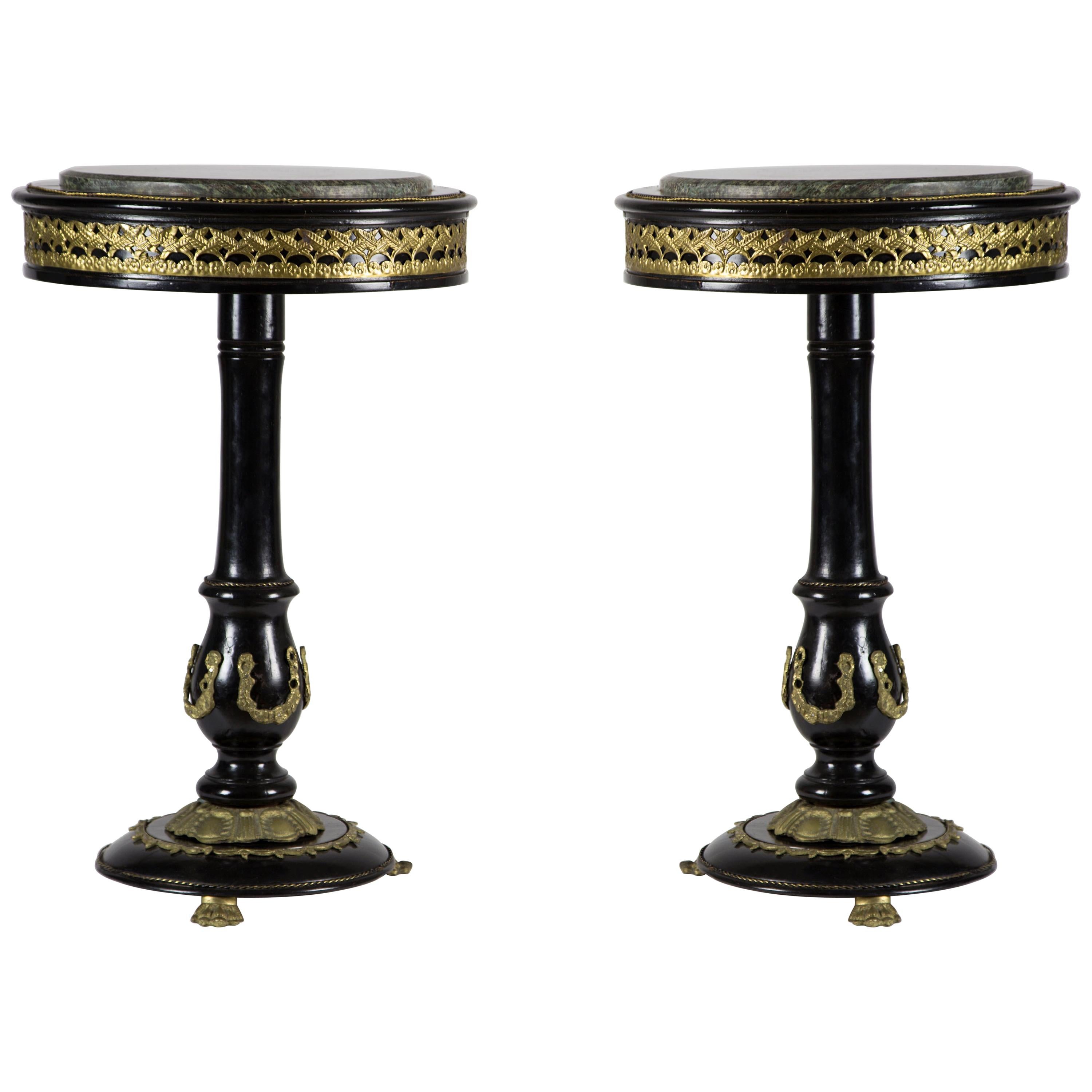 Rounded Gueridon Black Wood and Golden Bronzes Friezes Tables, France, 1950s