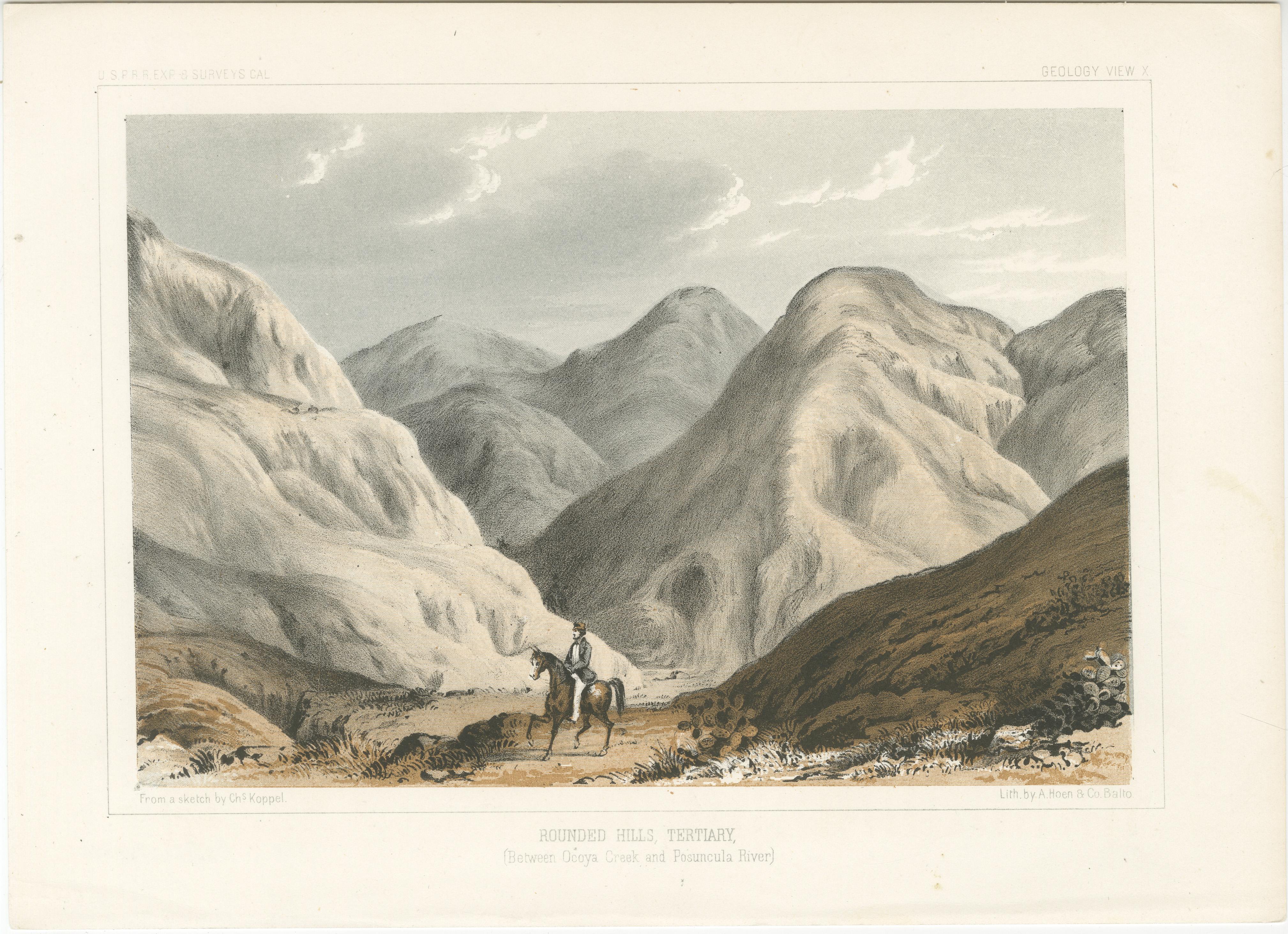 Title: Rounded Hills, Tertiary - Lithograph from Between Ocoya Creek and Posuncula River, 1856  

Description: This captivating lithograph, 