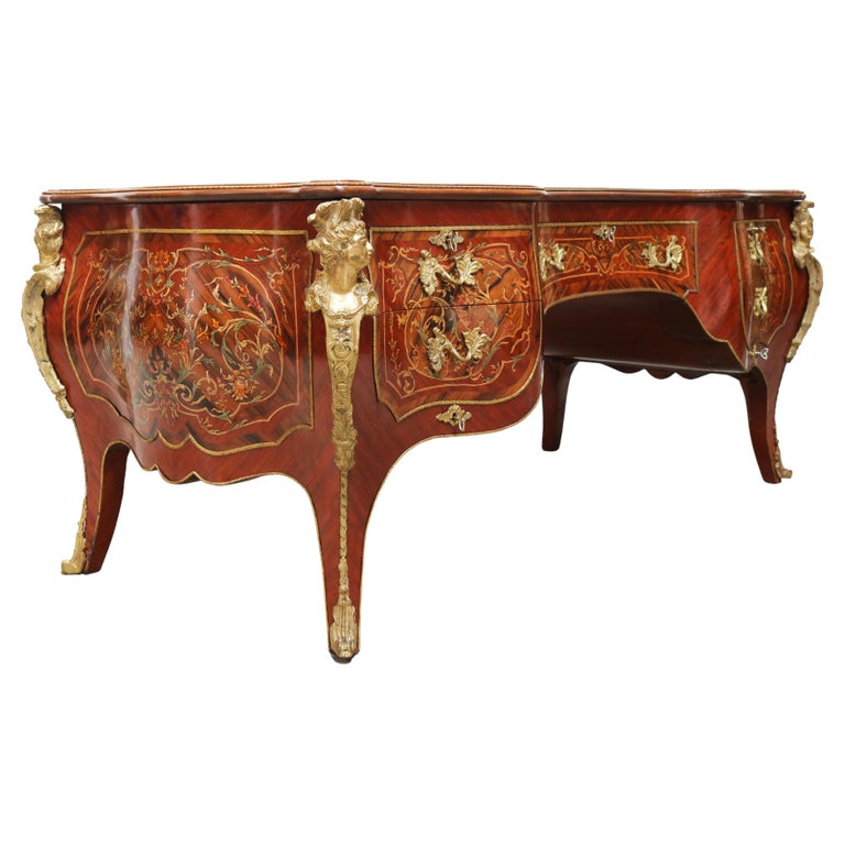 Rounded Italian Executive Desk in Louis XV Style Marquetry Bronze 1950 Inlaid For Sale