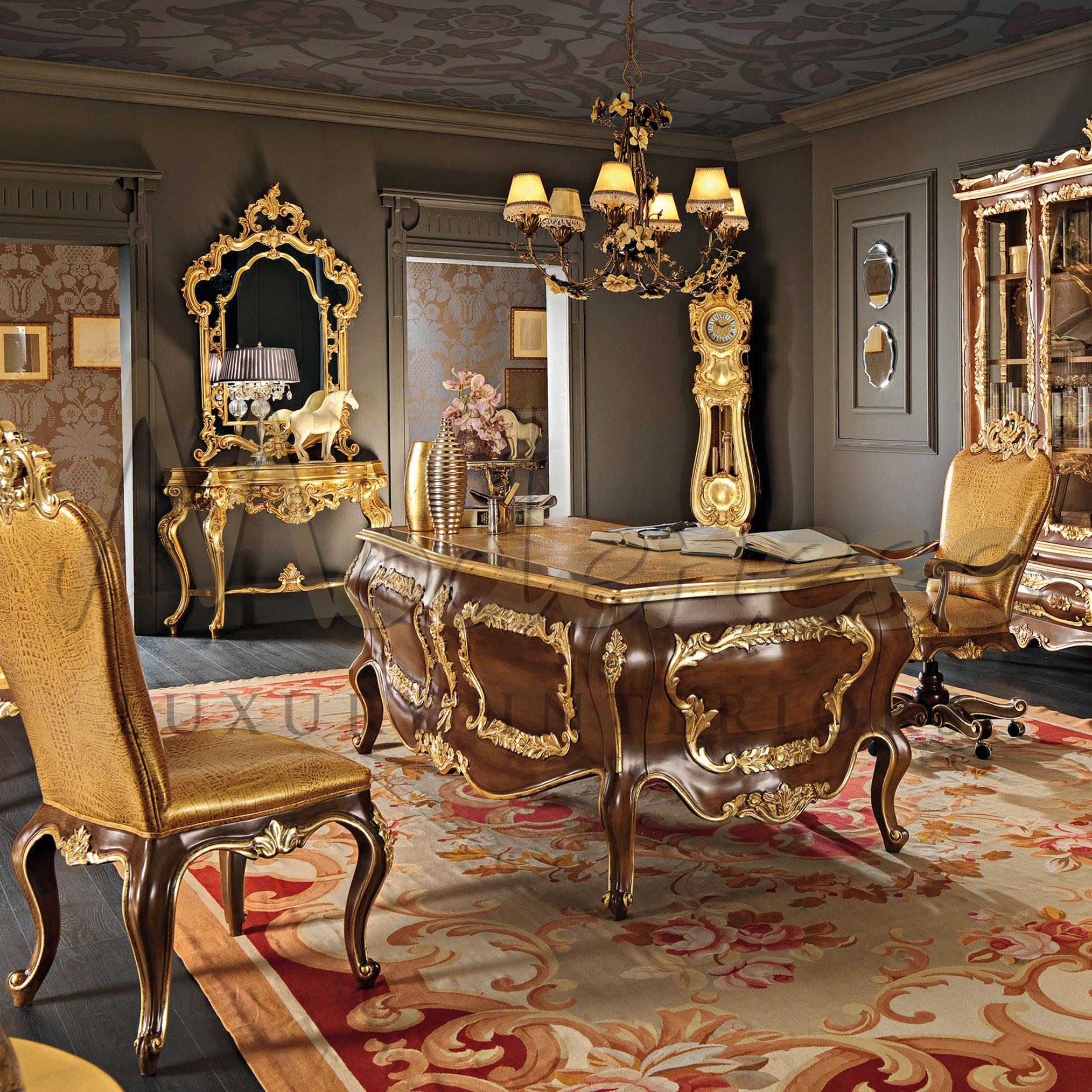 Admire this figured presidential office desk finely finished in ebanon and gold leaf decorated carvings. Its curved baroque legs really make a statement, and the real italian leather on the upper surface is perfect when paired with the office