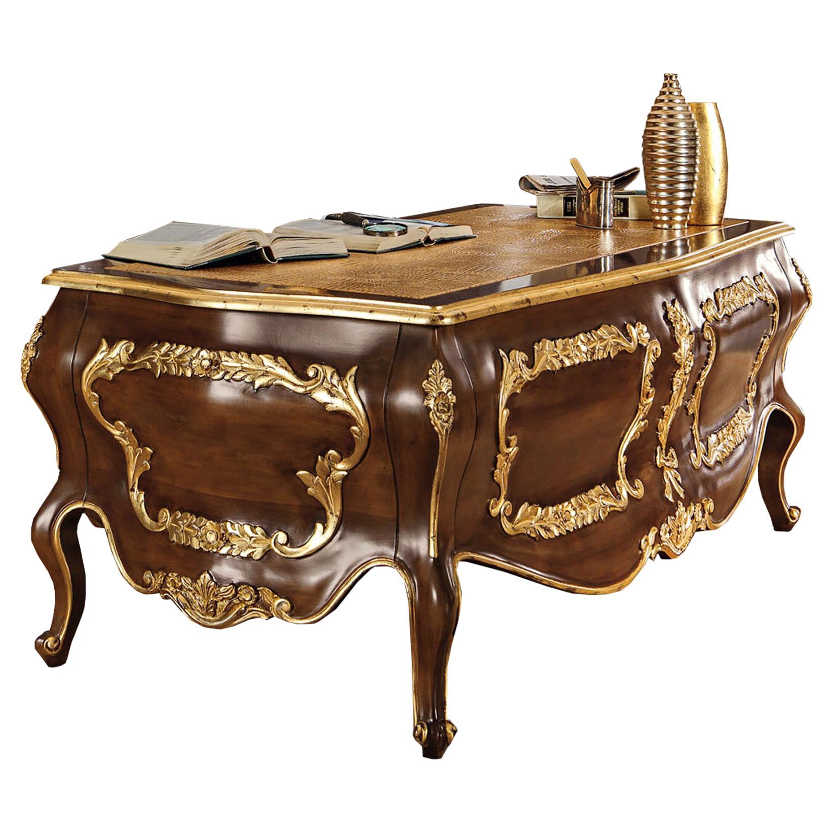 Rounded Luxury Classical Office Desk, Gold Leaf by Modenese Gastone Interiors