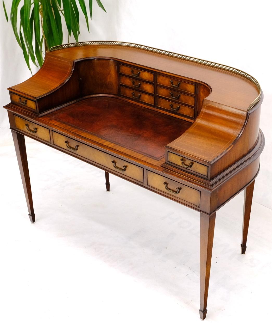 Rounded Mahogany Writing Table Desk w/ Brass Gallery In Good Condition In Rockaway, NJ