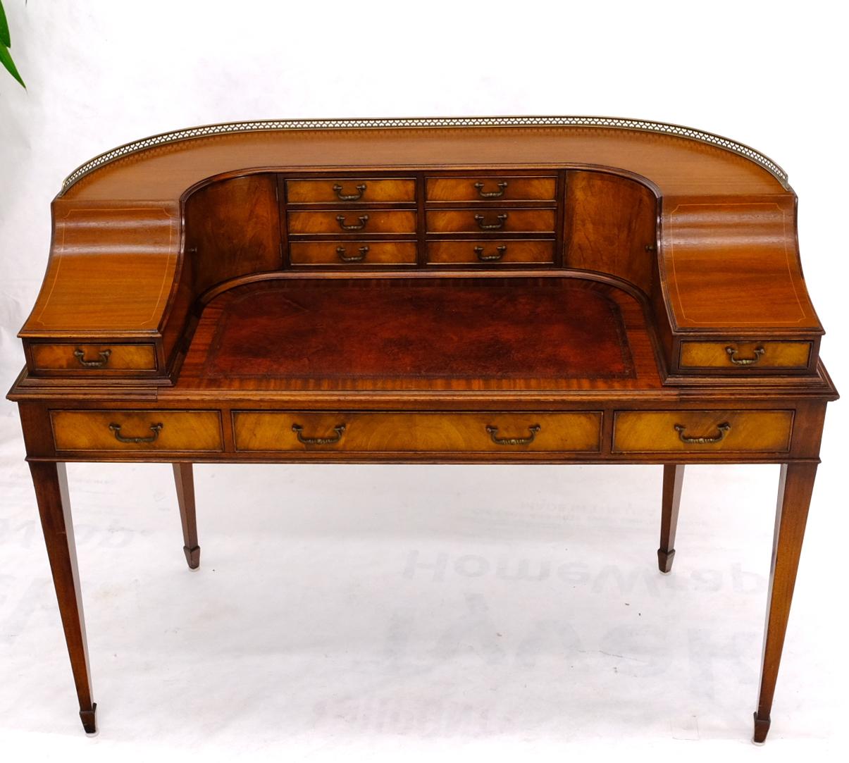 20th Century Rounded Mahogany Writing Table Desk w/ Brass Gallery