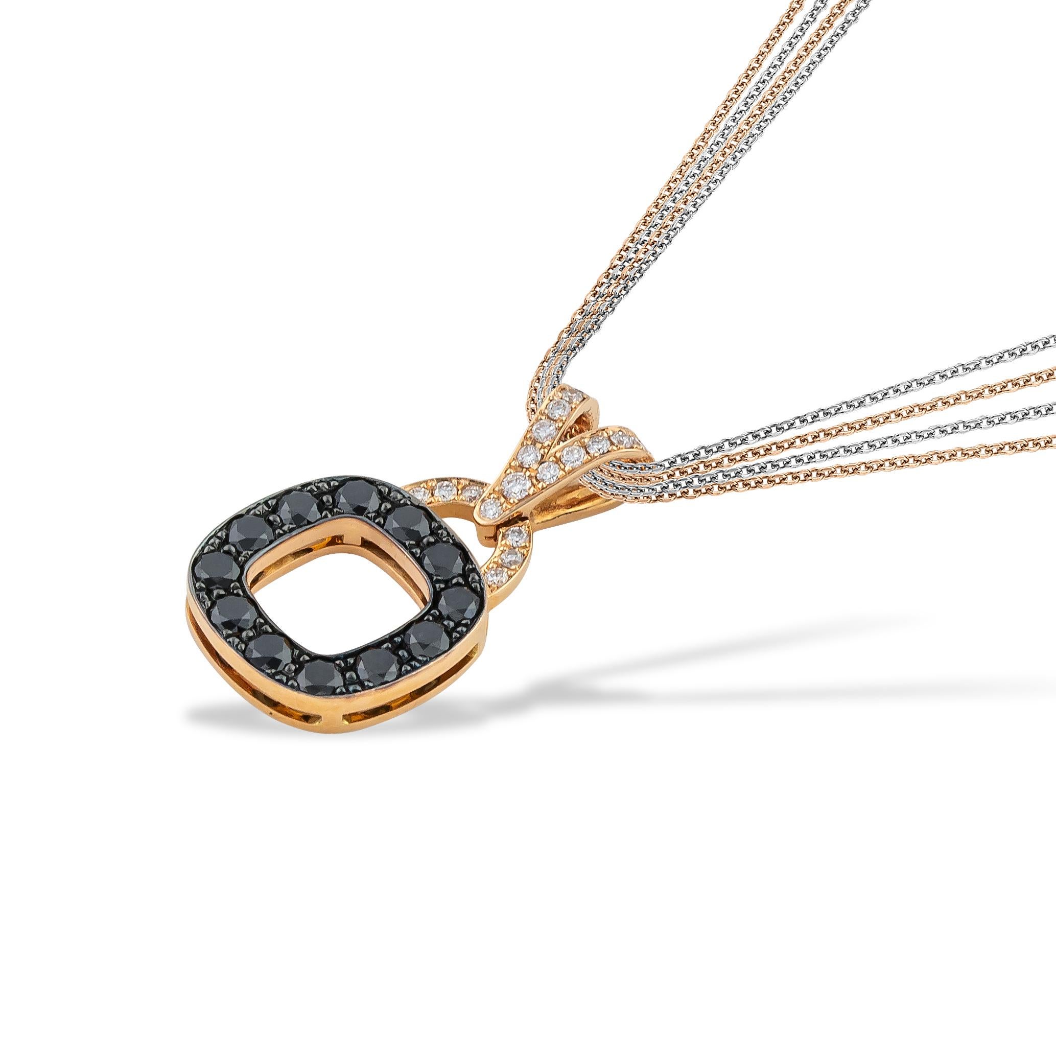 Rounded Square Black and White Pave Diamonds Pendant Necklace in 18kt Rose Gold. This diamond masterpiece comes with Multi Chain ( 2x rose and 2x white gold diamond cut rolo chain). This necklace belongs to 