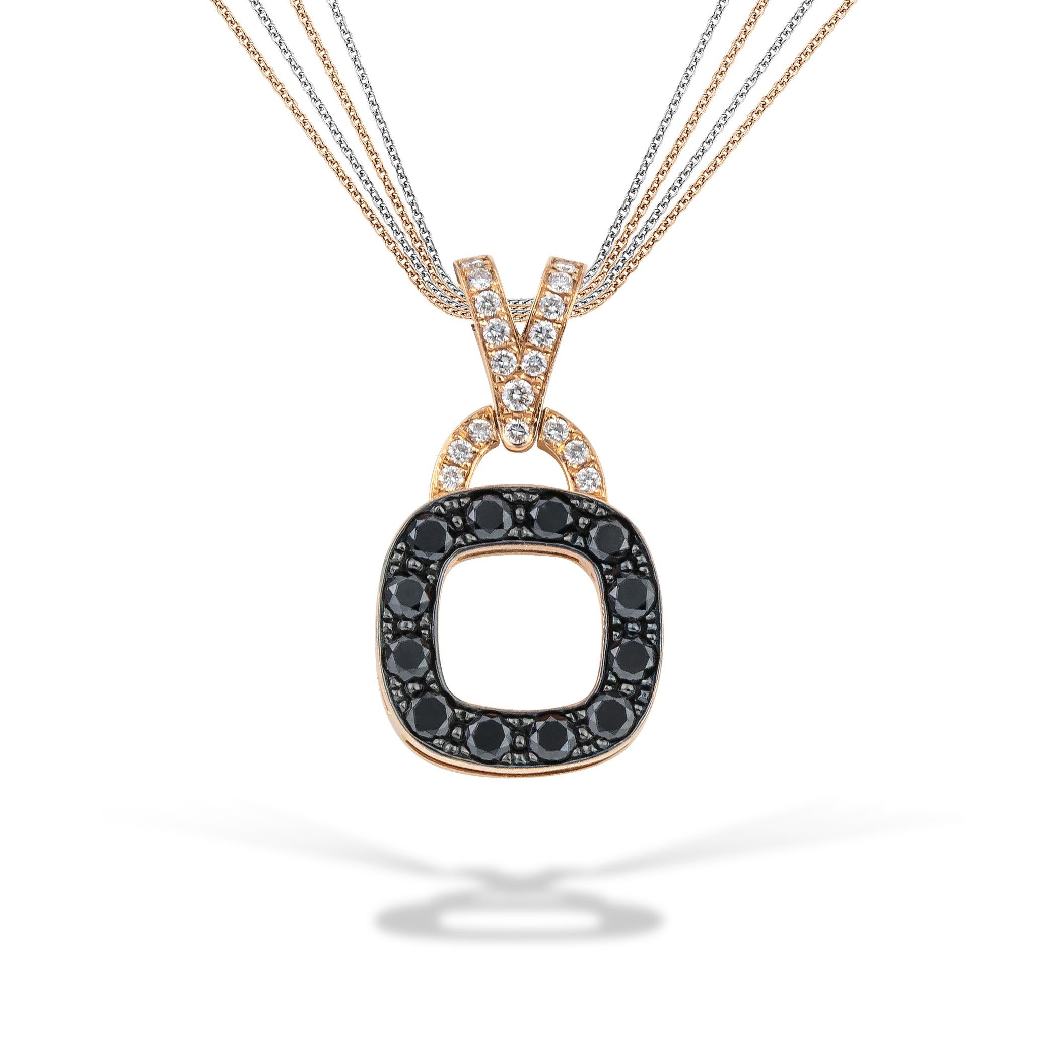 Contemporary Rounded Square Black and White Pave Diamonds Pendant Necklace in 18kt Rose Gold For Sale