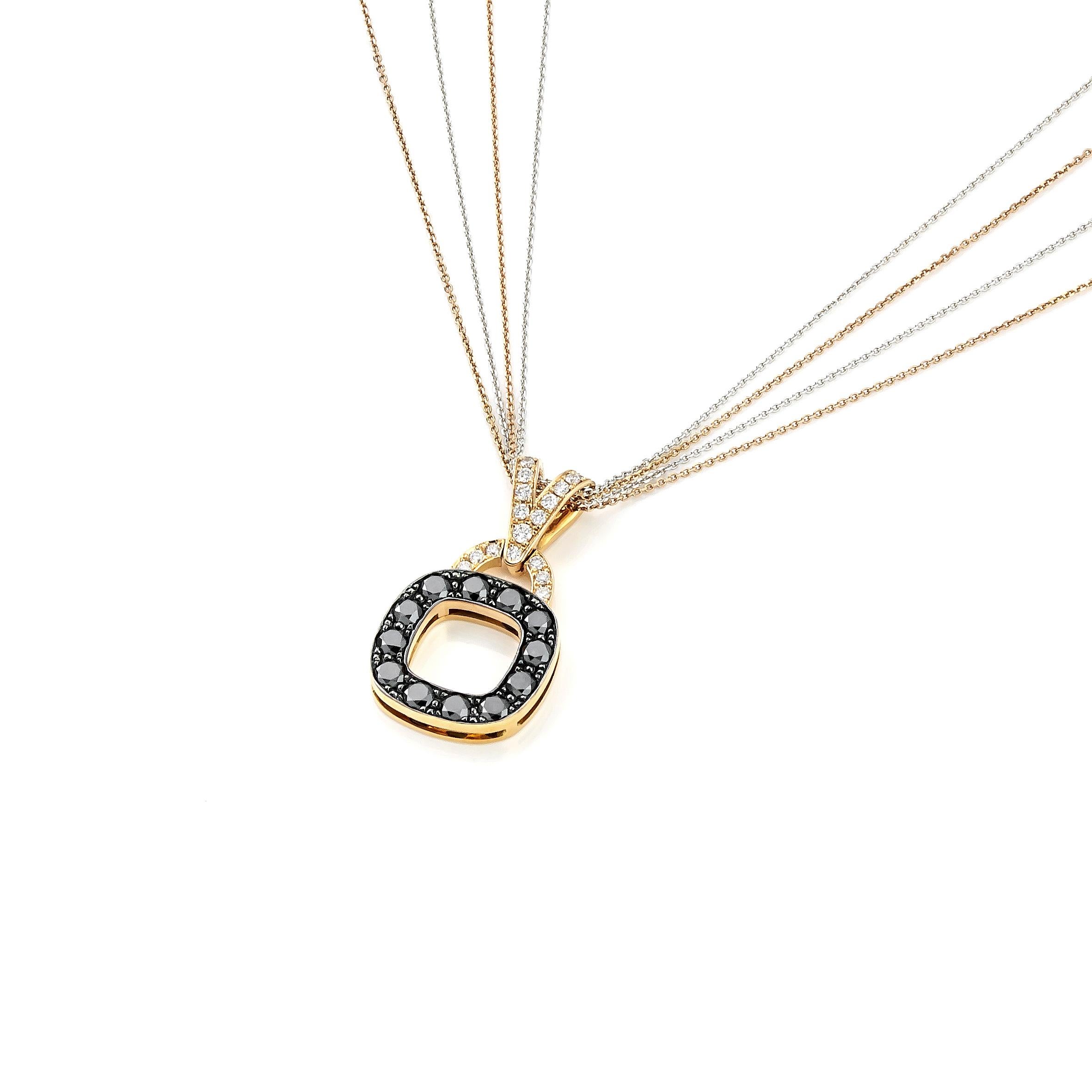 Brilliant Cut Rounded Square Black and White Pave Diamonds Pendant Necklace in 18kt Rose Gold For Sale