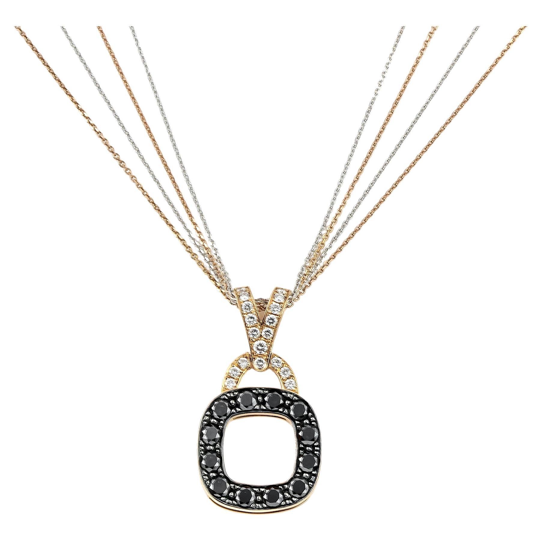 Collier pendentif carré arrondi en or rose 18 carats avec diamants noirs et blancs pavés