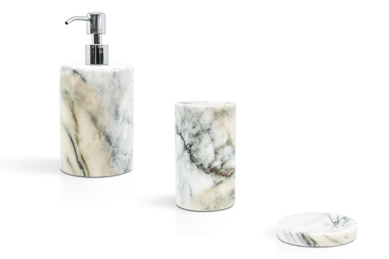 Hand-Crafted Handmade Rounded Toothbrush Holder in Paonazzo Marble For Sale