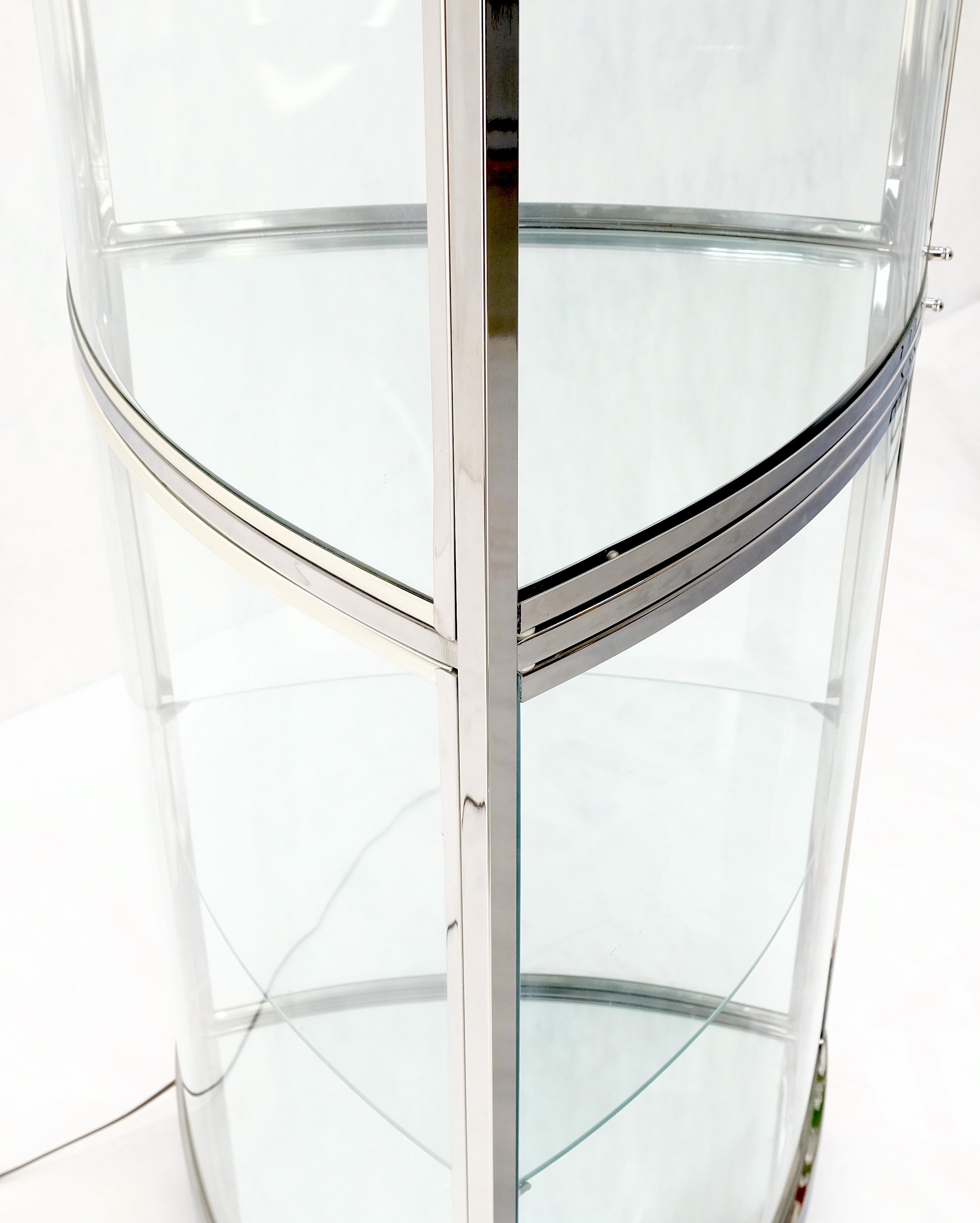 Rounded Triangle Shape Bowed Glass & Chrome Shelves Display Case Vitrine MINT! For Sale 4