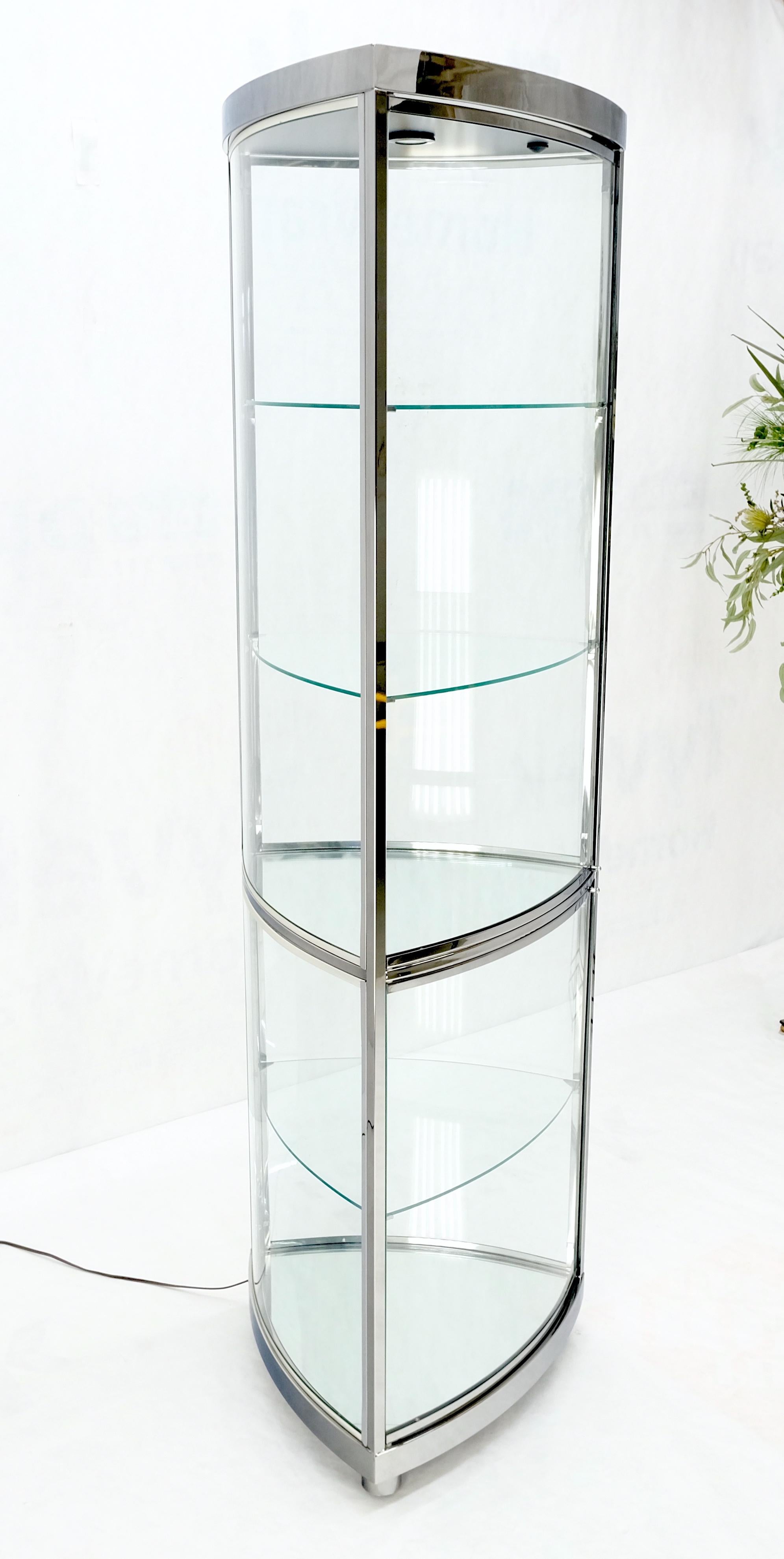 Mid-Century Modern Rounded Triangle Shape Bowed Glass & Chrome Shelves Display Case Vitrine MINT! For Sale