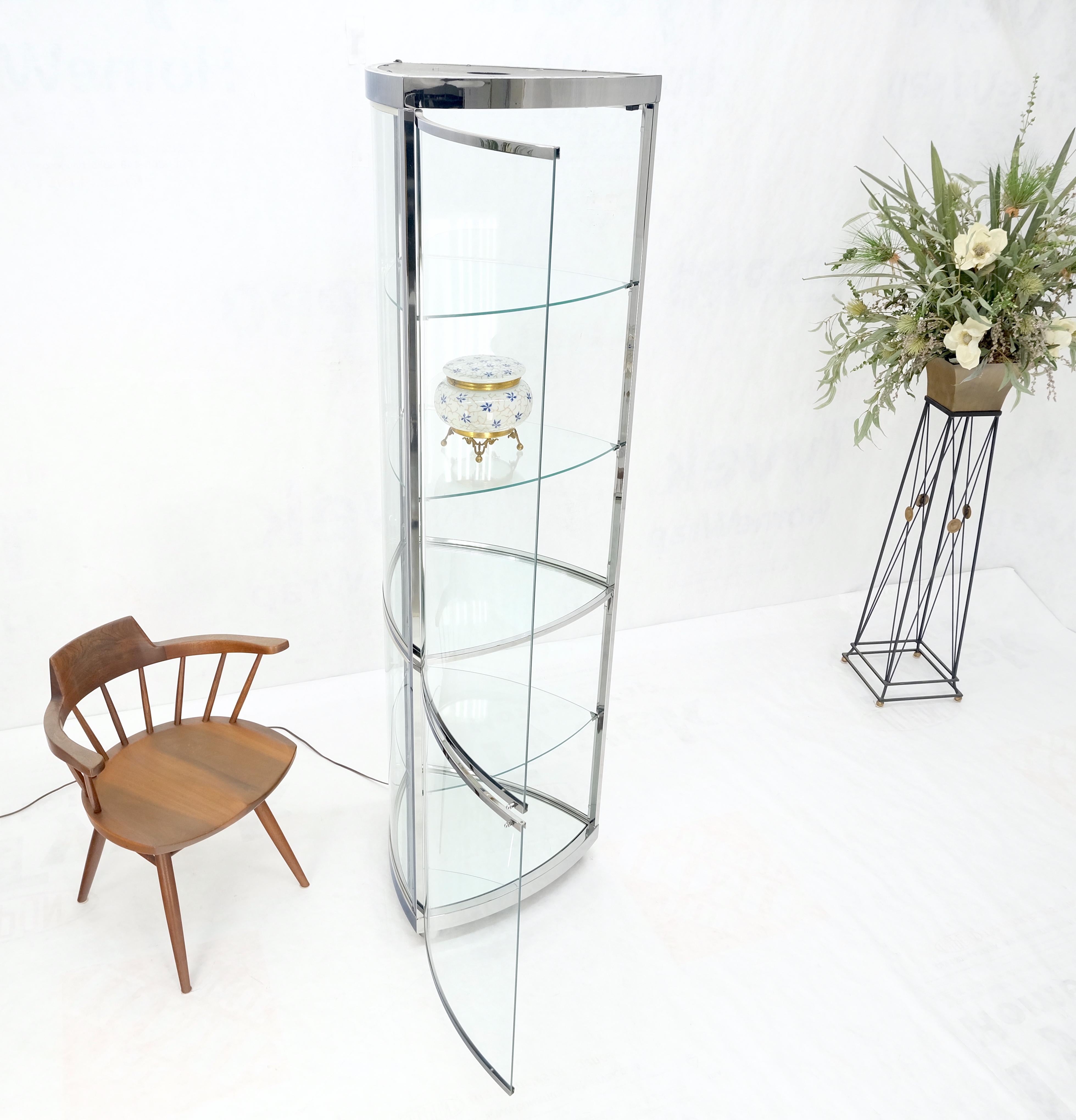 Italian Rounded Triangle Shape Bowed Glass & Chrome Shelves Display Case Vitrine MINT! For Sale