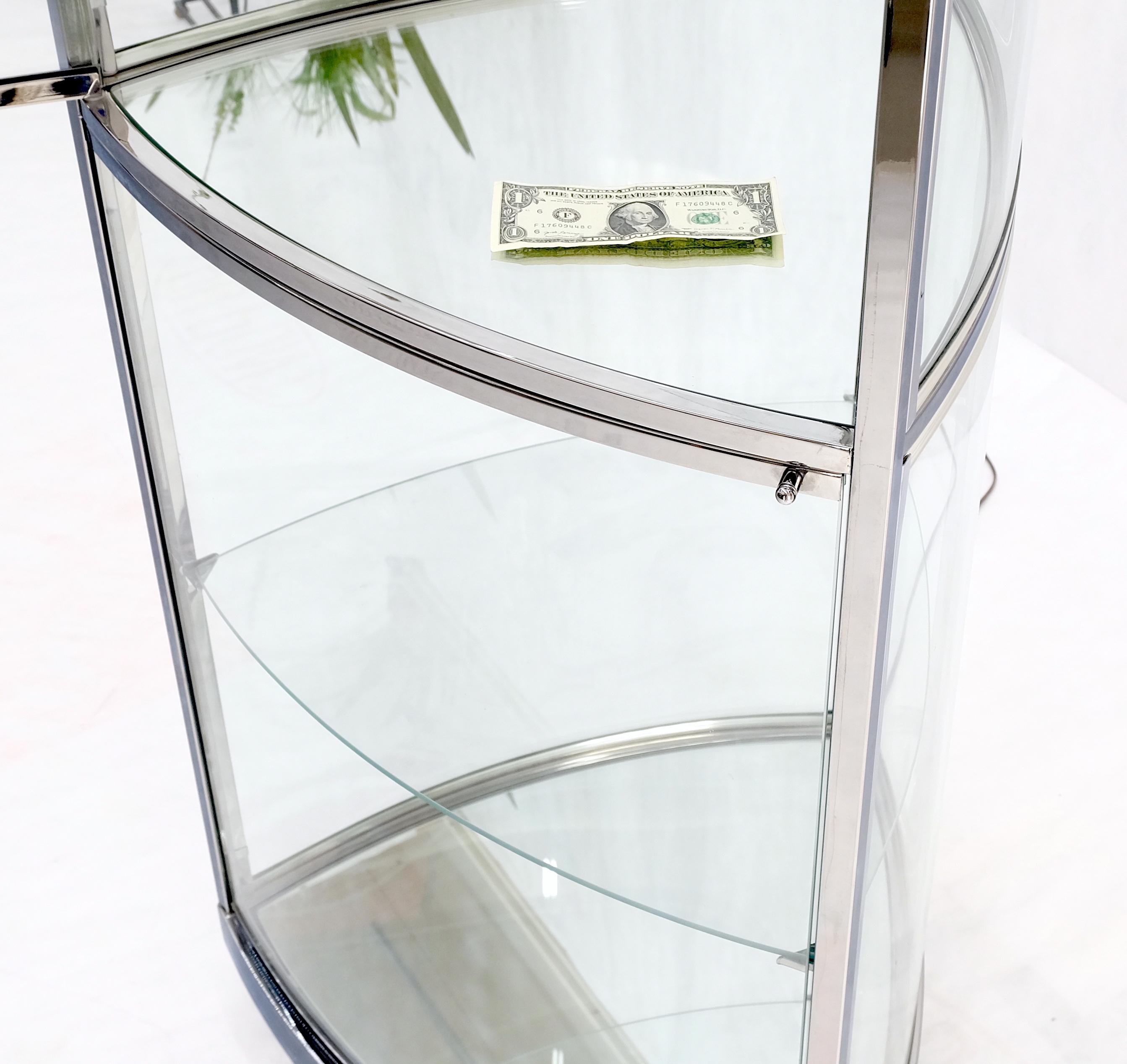 20th Century Rounded Triangle Shape Bowed Glass & Chrome Shelves Display Case Vitrine MINT! For Sale