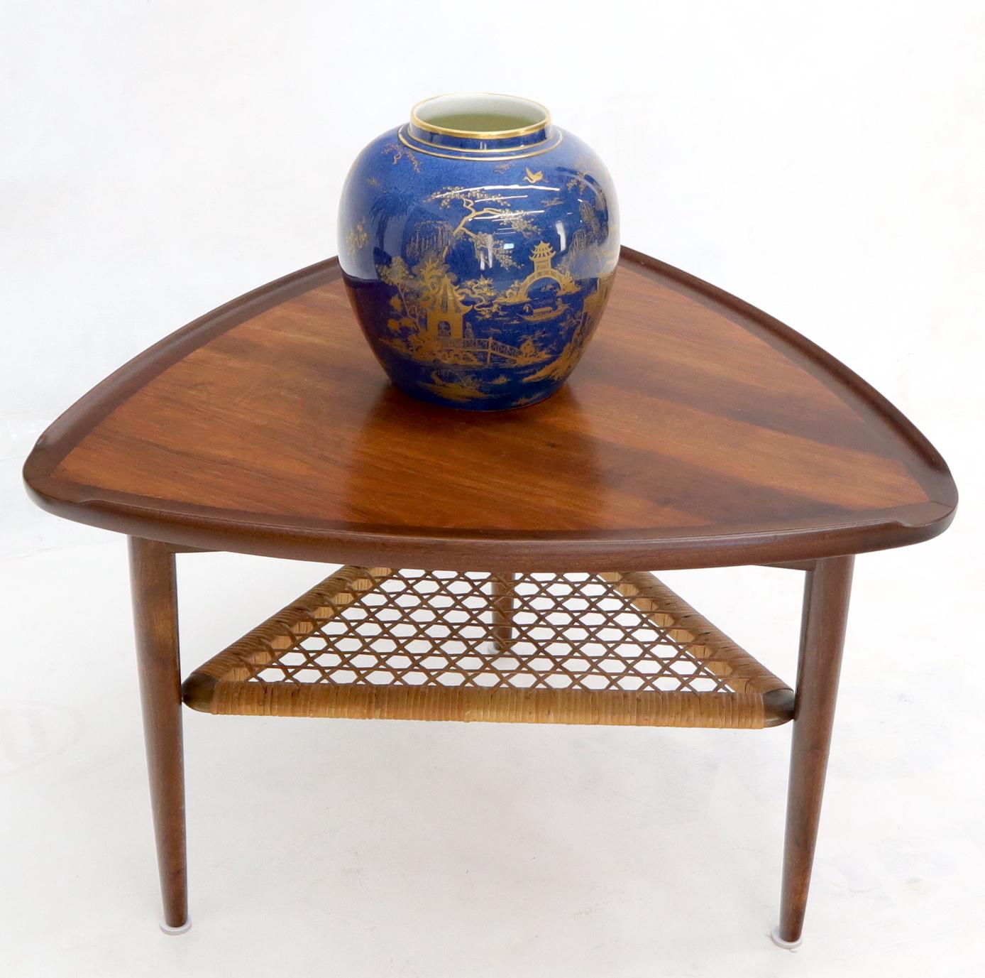 Rounded Triangular Shape Danish Mid-Century Modern Side Occasional Table Cane 4