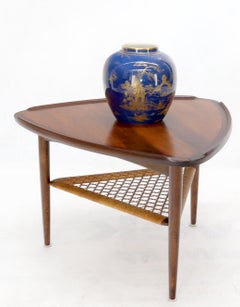 Rounded Triangular Shape Danish Mid-Century Modern Side Occasional Table Cane