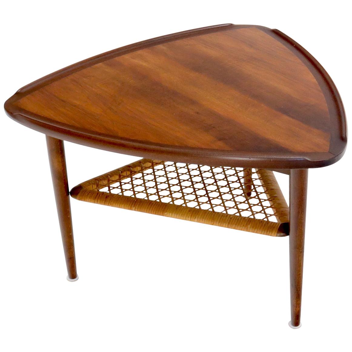 Rounded Triangular Shape Danish Mid-Century Modern Side Occasional Table Cane