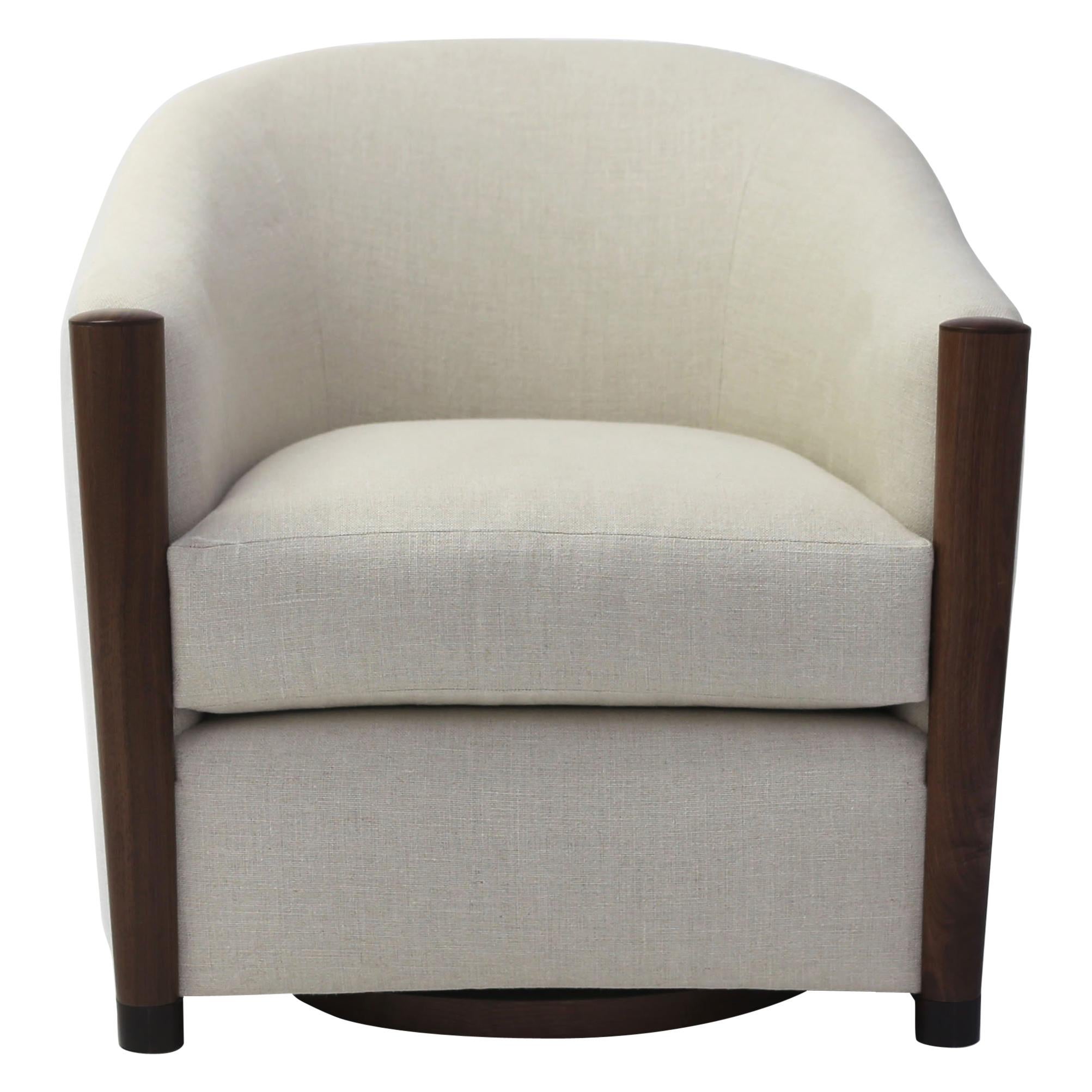 Rounded Tub Club Chair on Swivel Shown in Linen Fabric with Wood Arm Post Detail