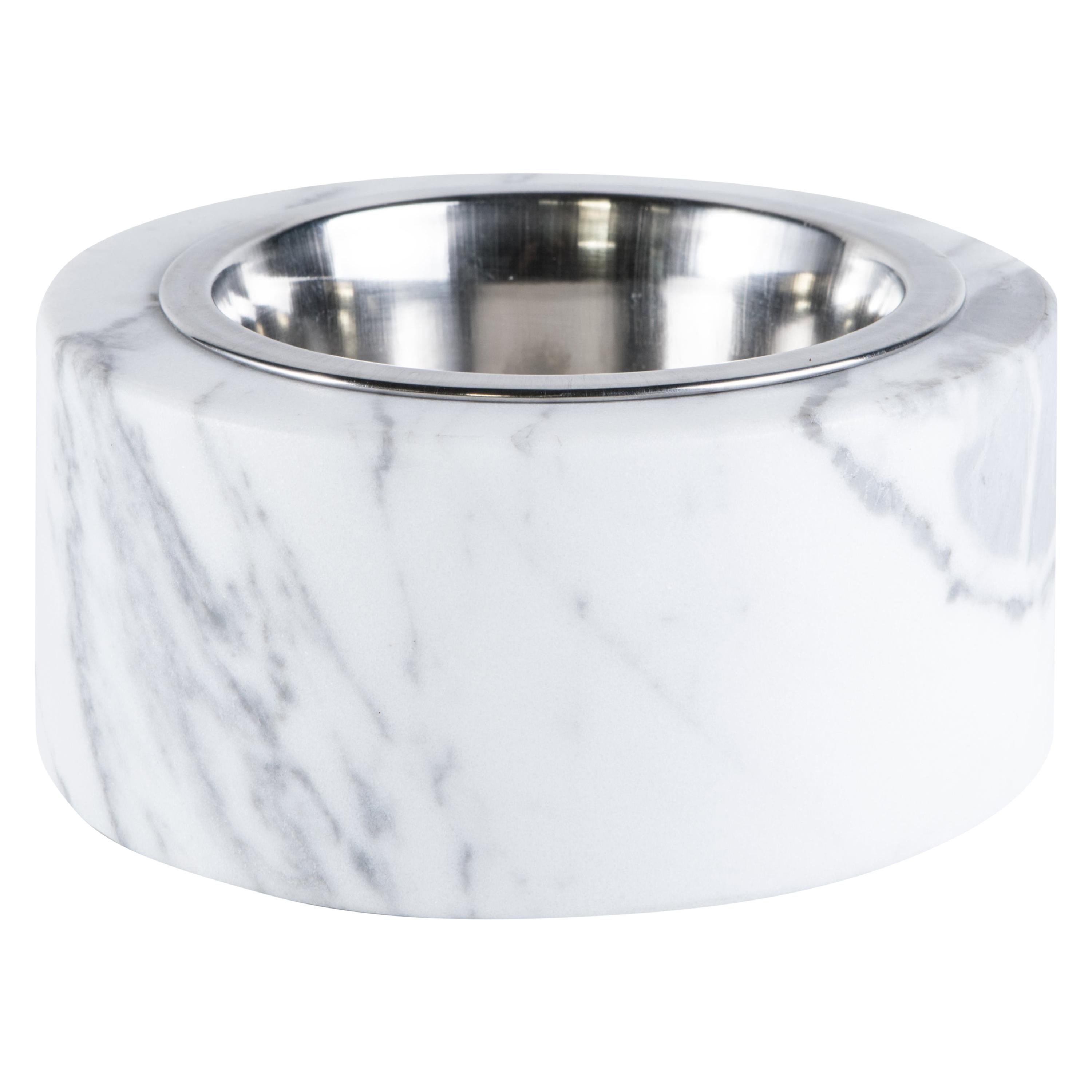 Handmade Rounded White Carrara Marble Cats or Dogs Bowl with Removable Steel