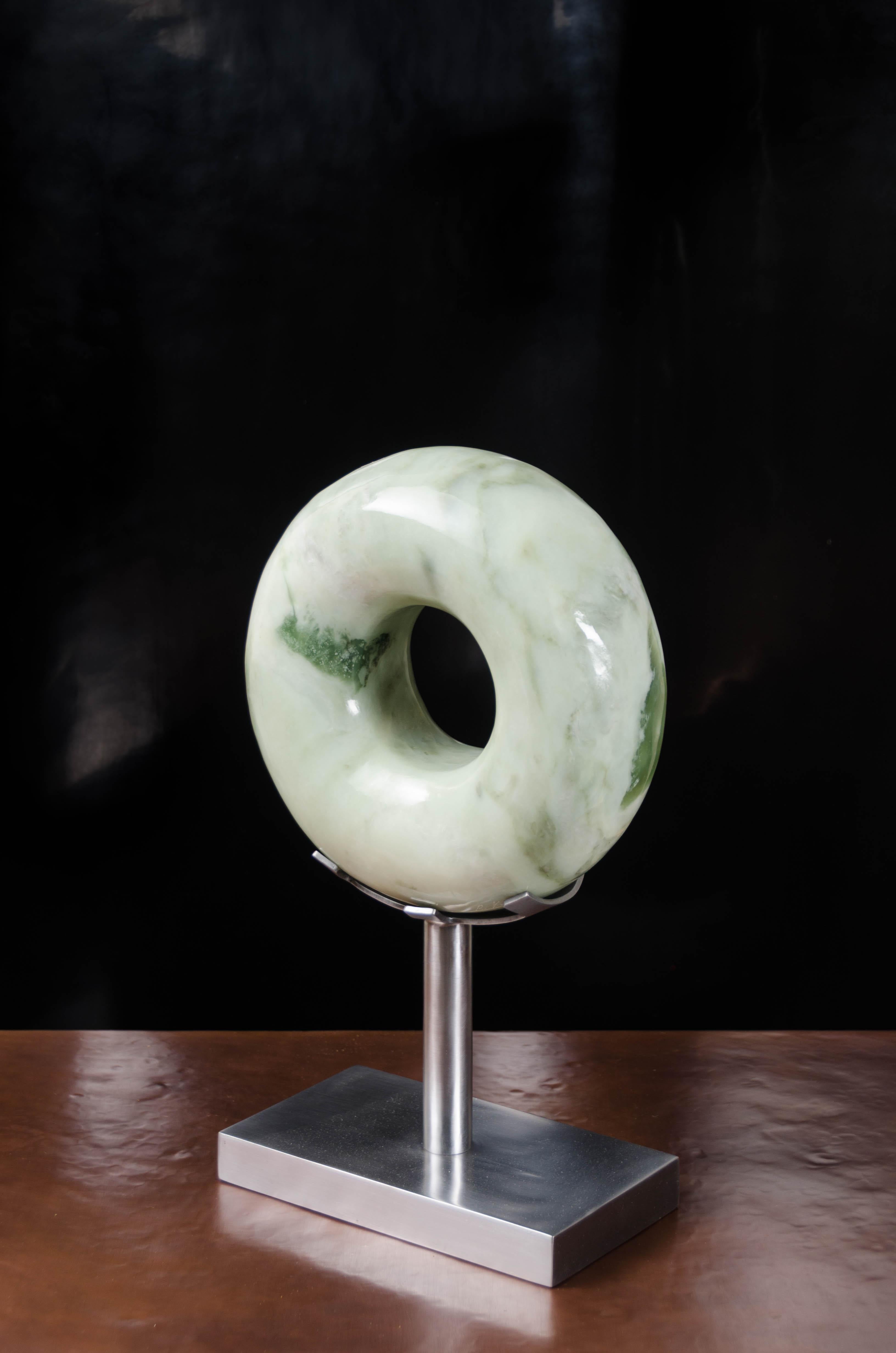 Contemporary Rounded Zong Sculpture, Nephrite Jade by Robert Kuo, Hand Carved, Limited For Sale